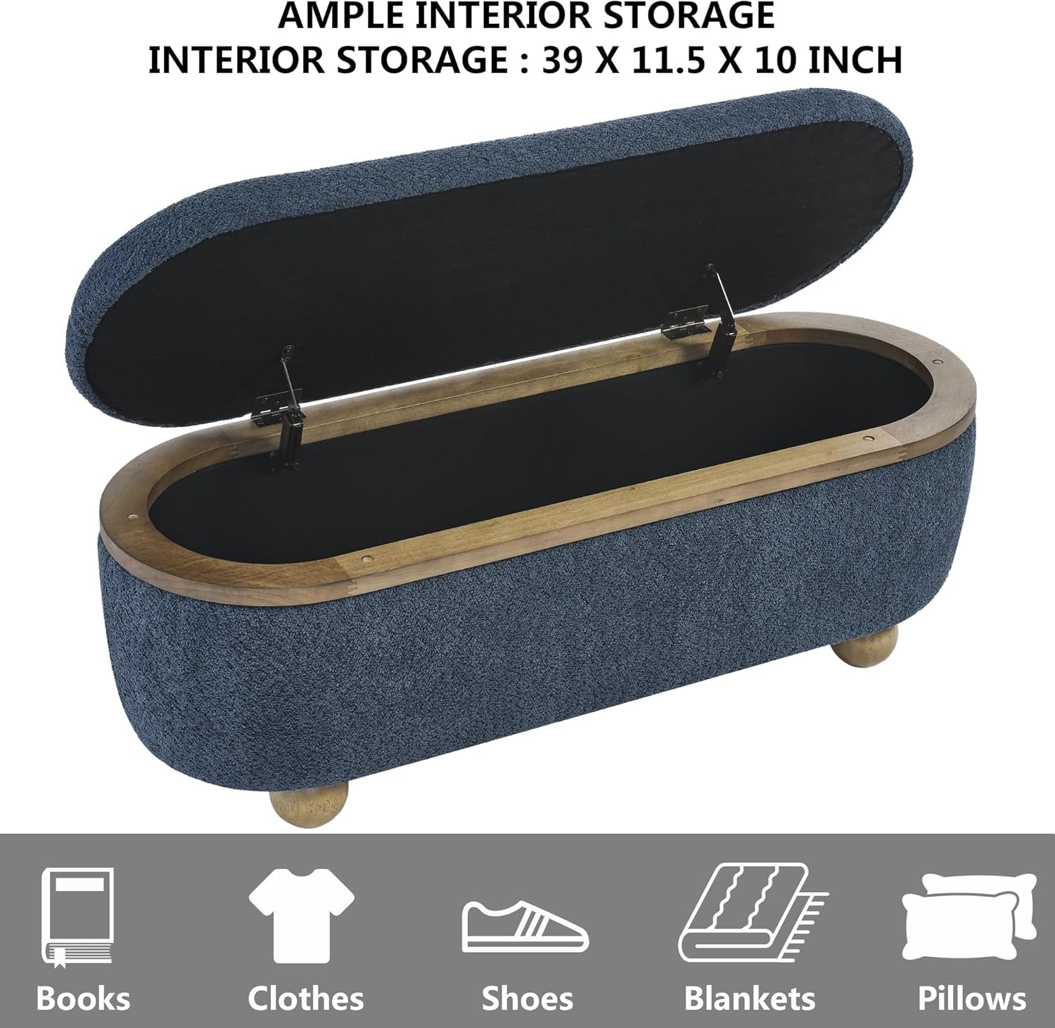 mikibama Oval Storage Bench,43.31" Rounded Ottoman with Storage for Living Room Bedroom,Modern Fuzzy Entryway Seating Bench with Storage,Sherpa Window Bench with Ball Legs. (Blue, 43.31")