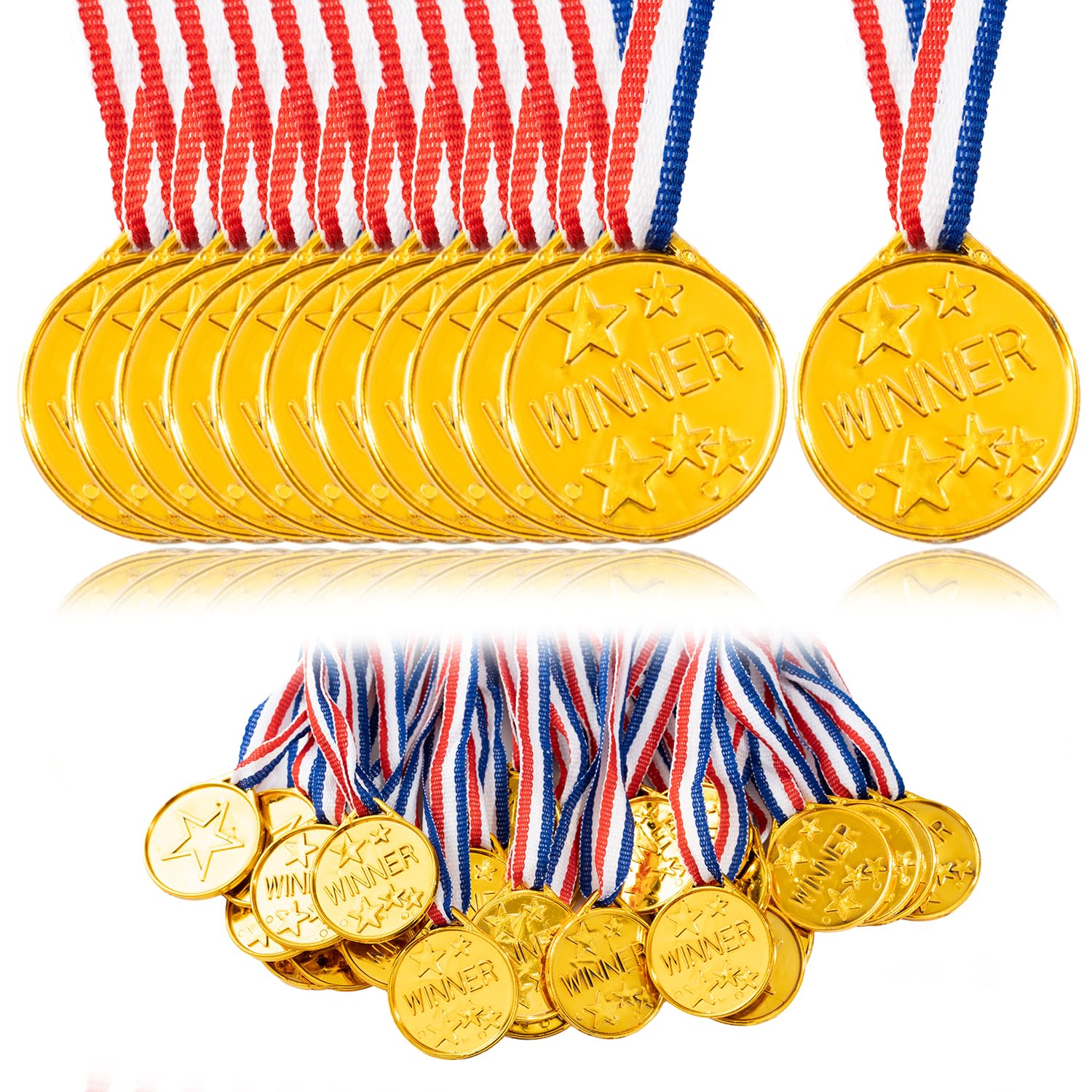 SETRUE Plastic Gold Medals, 30 Pcs Winner Award Medals with Ribbon Necklaces for Sports Competition Talent Show Spelling Bee Birthday Party Favors