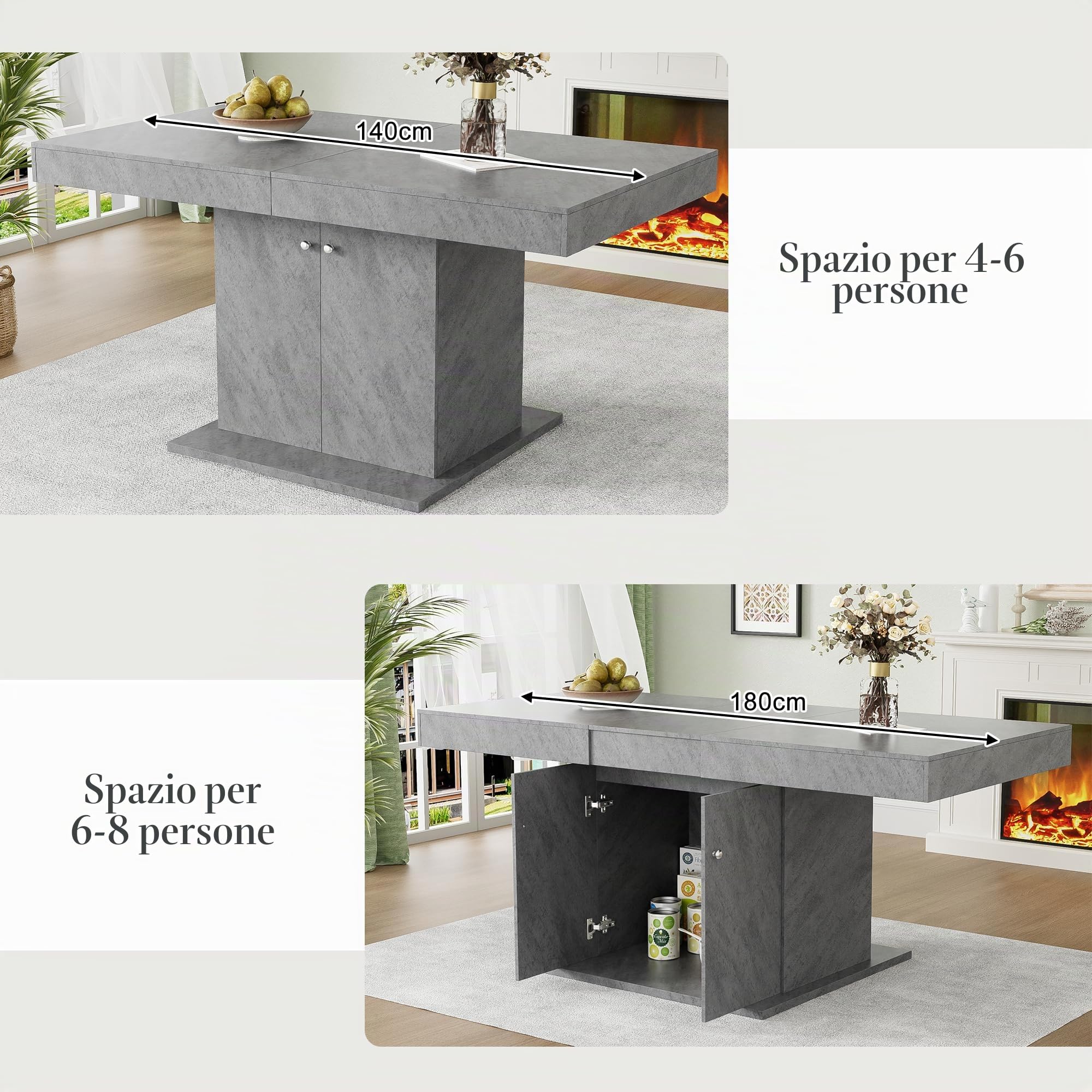 Soweiz Tavolo da pranzo allungabile con vano portaoggetti, salvaspazio, multifunzione telescopico automatico, L140/180 x 80 x 76 cm (effetto calcestruzzo)