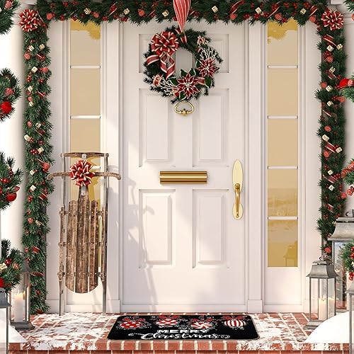 Miniatura 5 de AnyDesign Tapete de puerta de Navidad negro y rojo con parte trasera de goma antideslizante, para interiores y exteriores, para decoración de hogar,