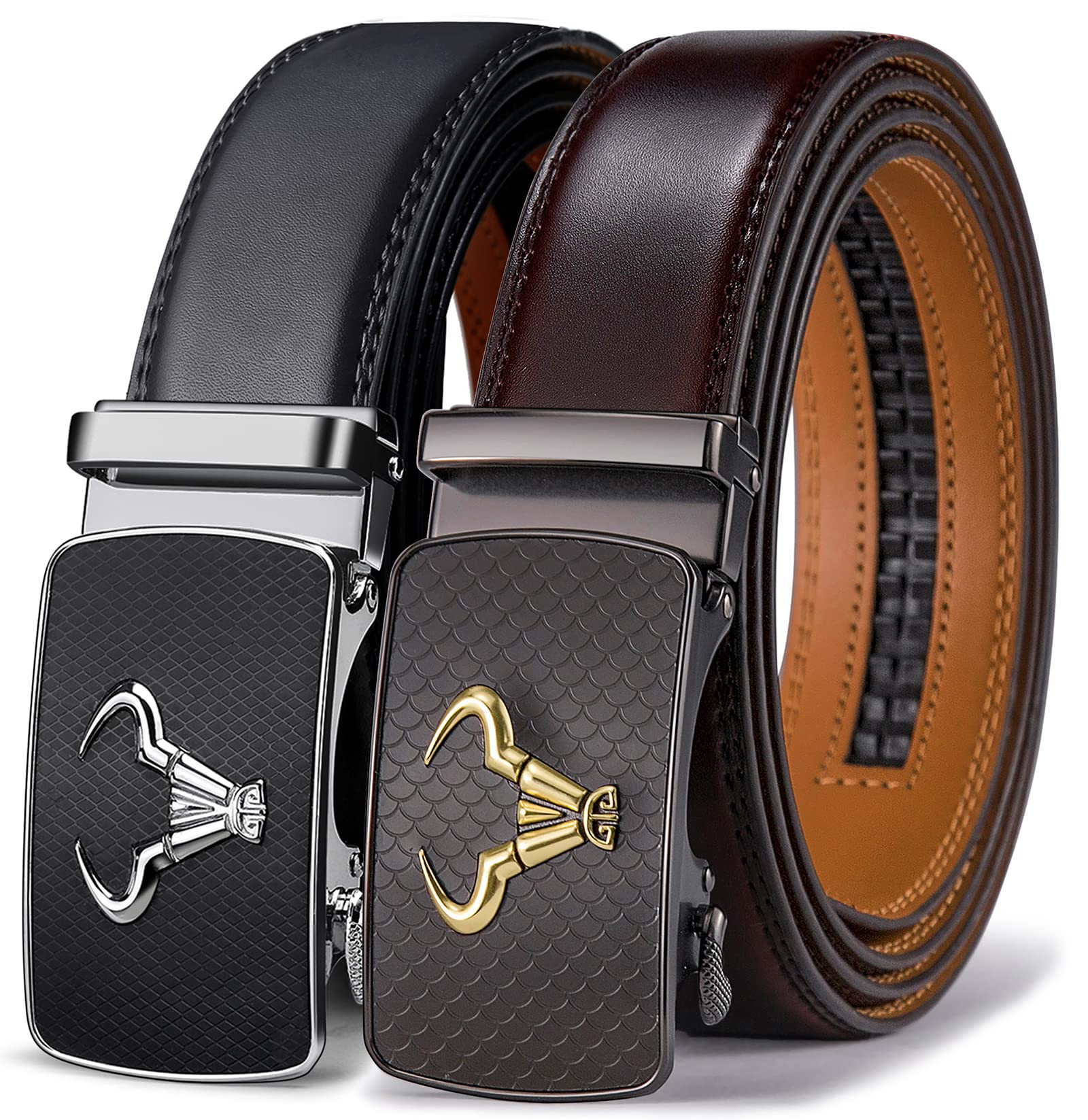 BULLIANT Gürtel Herren 2er, Gürtel Ratsche Automatikschließe Ledergürtel für Herren Verstellbar 35mm Breit mit Geschenkbox