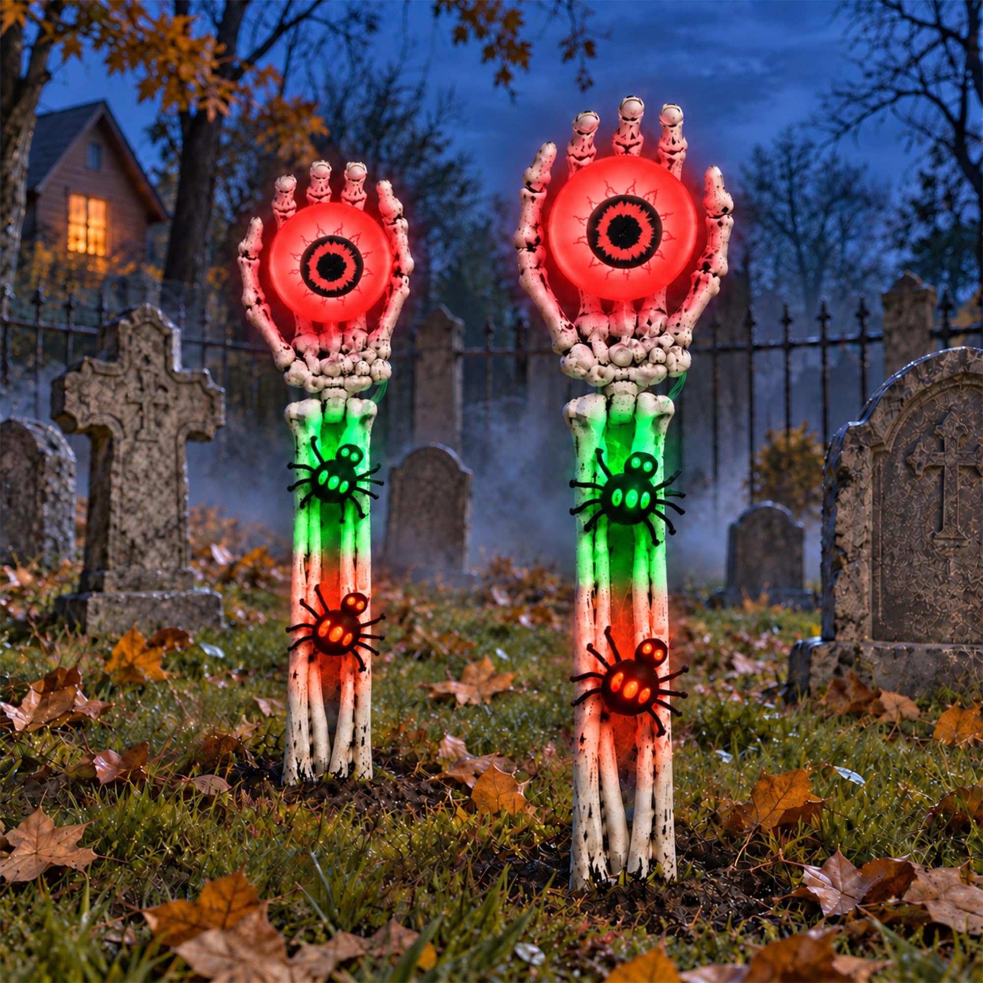 Halloween Decorations Skeleton Arms Hands 2 Packs with Blue Eyeball Lights | Battery Operated Light up Eyeballs Spiders for Halloween Decor, Skeletons Hands for Halloween Outdoor Yard Decorations
