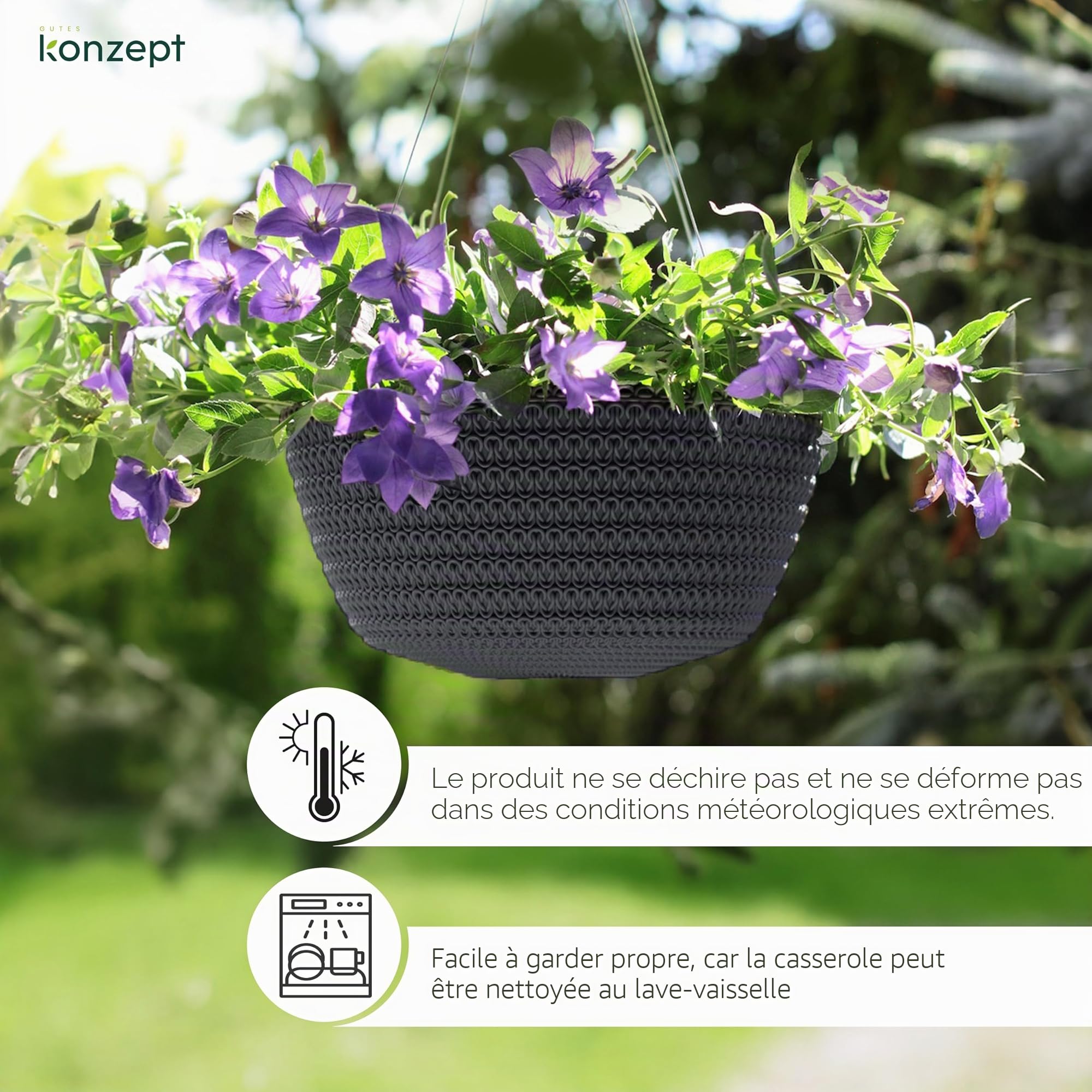 KONZEPT Pot de fleurs suspendu 30 cm Anthracite Motif tressé