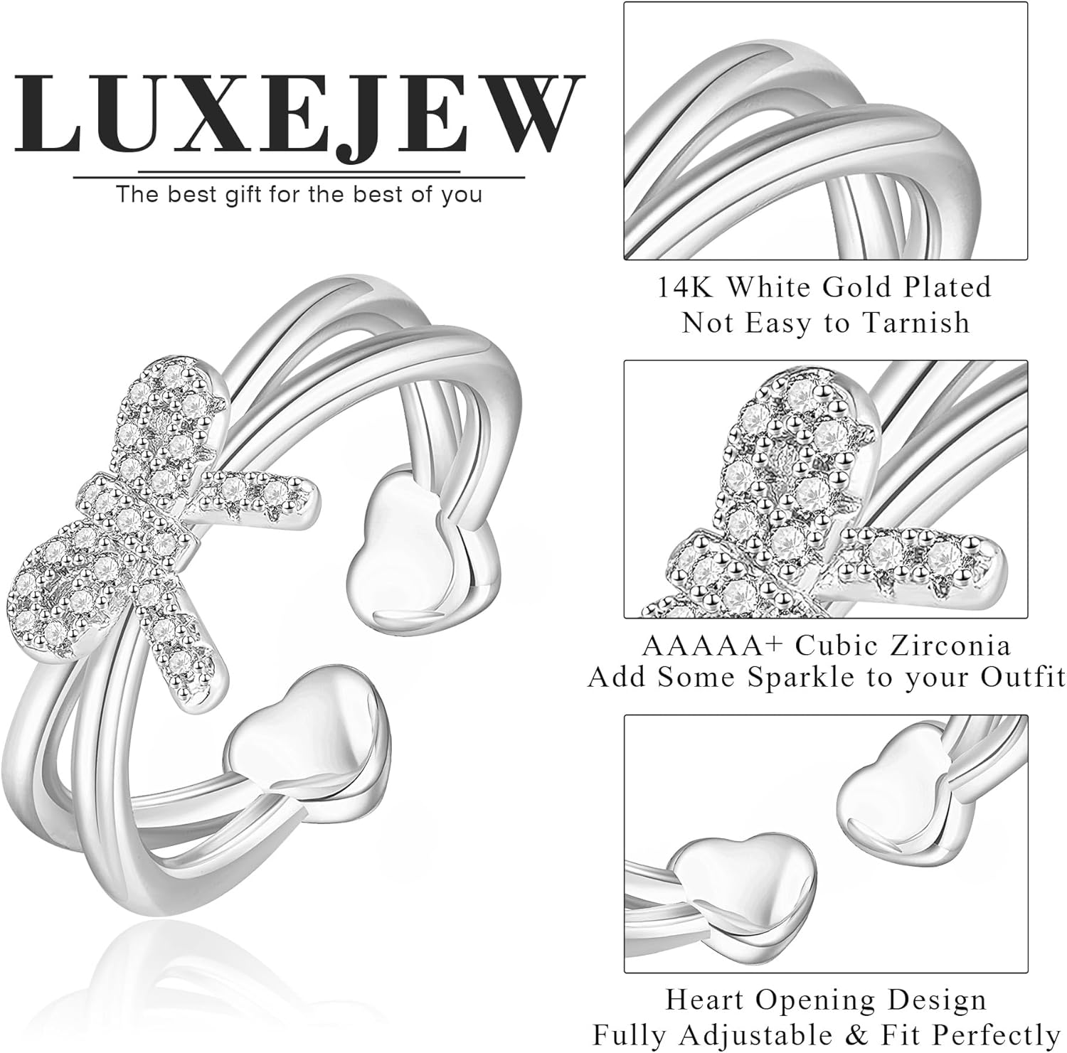 LUXEJEW Bow Rings for Women Non Tarnish 14K Gold/Silver/Rose Gold Plated Heart Stackable Rings Cubic Zirconia Cute Dainty Heart Bow Ring Jewelry Gift Adjustable Finger Ring Size 5-10 - Image 5