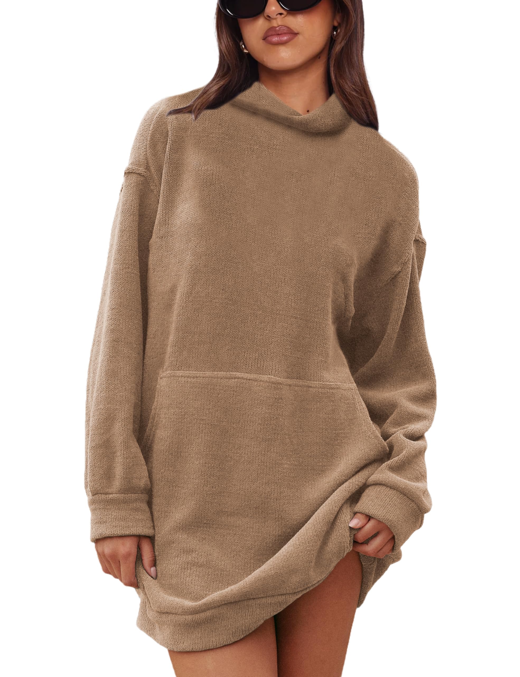 Turtleneck Pullover Sweater for Women 2024 Casual Long Sleeve Chenille Jumper Knit Top with Pockets