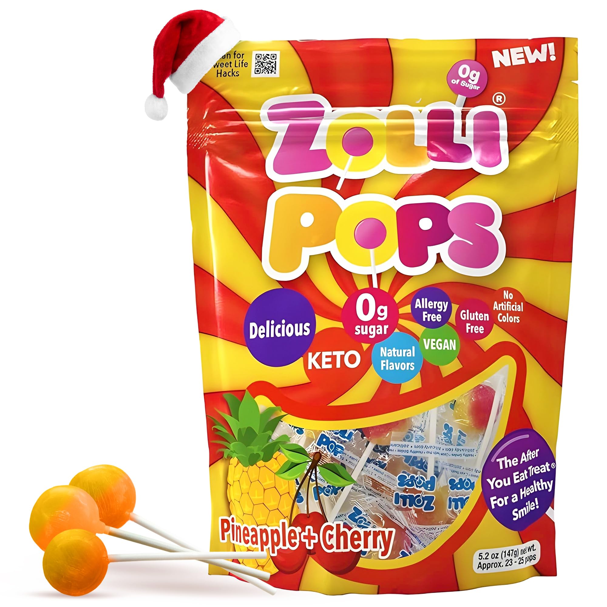 Zollipops Cherry-Pineapple Duo Pops, Sugar-free, Allergy-free, Vegan, KETO & Diabetic Friendly, Natural Clean Teeth Candy, Red-Yellow