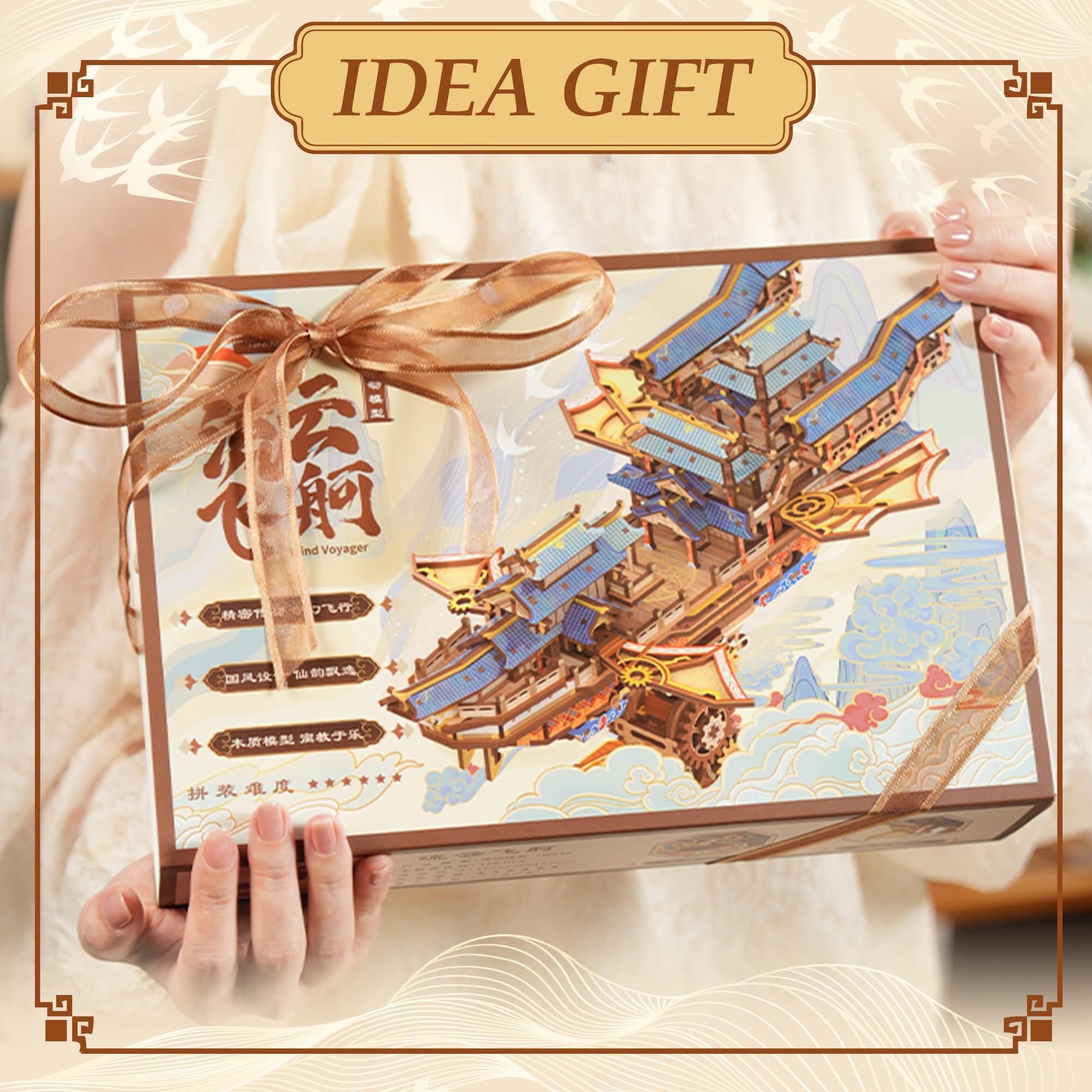 Tonecheer Puzzle en Bois 3D pour Adultes - Kit de modélisation de Bateau en Bois DIY avec dirigeable Musical Fantaisie et Composants Mobiles et Structure de Transmission comme idée（Voyageur du Vent）