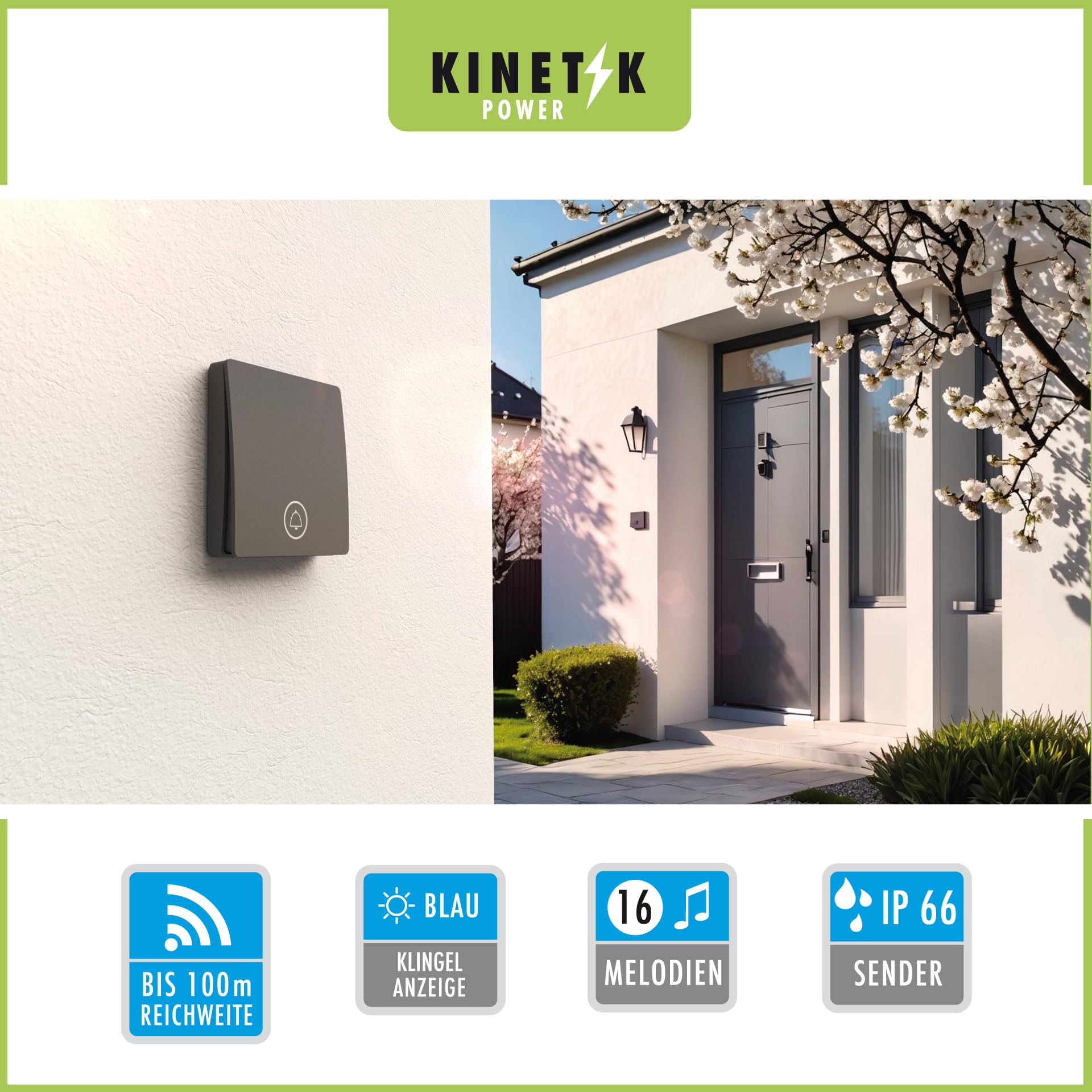m-e Funkklingel KB-100 | mit batterielosem Sender und Empfänger | Kinetische Türklingel mit 100 Meter Funkreichweite | Nachhaltiges Türklingelset | Öko - ohne Batterieabfälle | Ohne Installation