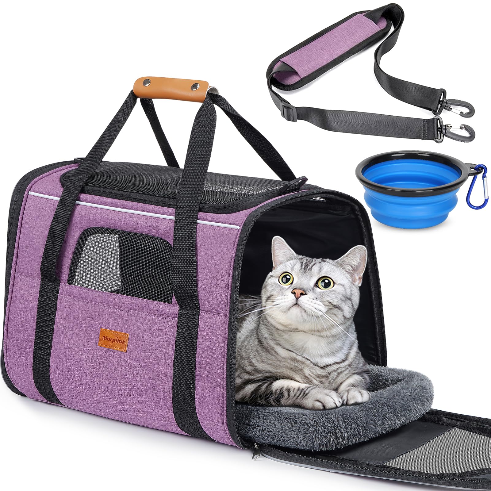 Morpilot Trasportino per Gatti Cane, 44 x 31 x 34 cm Borsa da viaggio pieghevole fino a 6 kg morbido con guinzaglio interno per Viaggi Lunghi e Brevi Viola chiaro