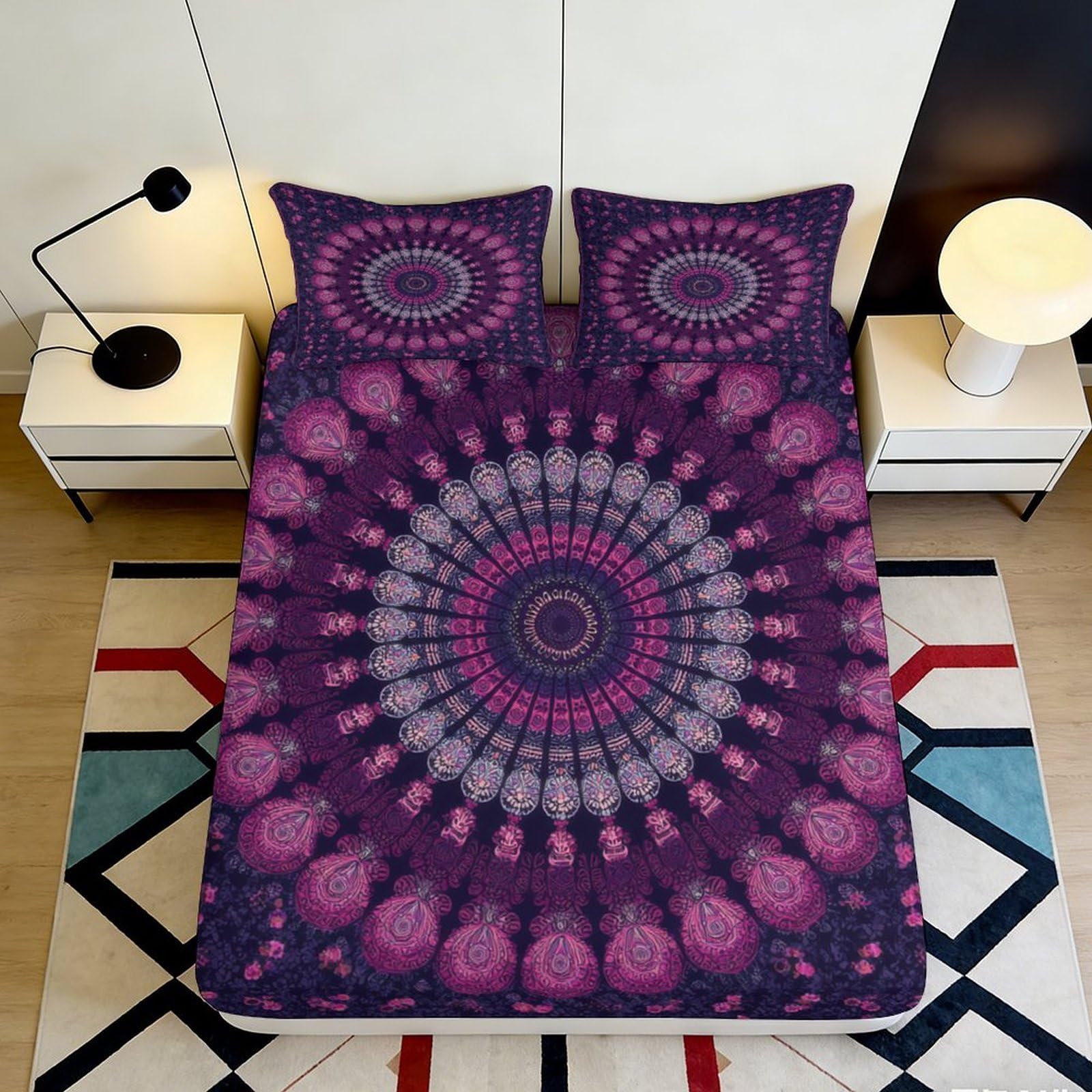 Pnayamiorkfel Style-9 3D Printed Mandala Purple Fitted Sheet Microfiber Soft Breathable Paisley Bed Cover For Bedroom Dorm Mattress Protection Decor 90X200x25cm