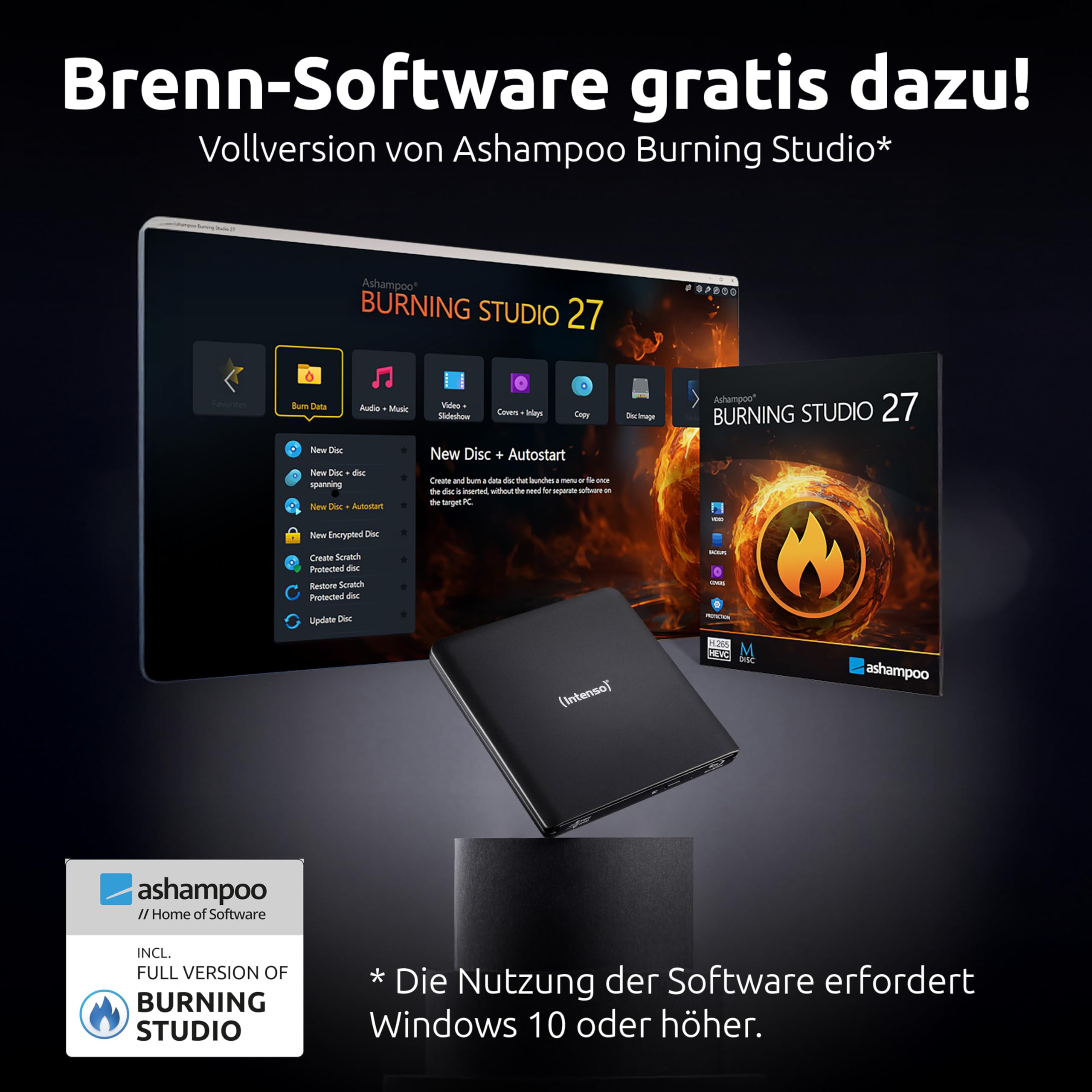 Intenso Lecteur Blu-Ray Externe Graveur Externe EOD 500BD Slim USB 3.2 pour Ordinateur Portable Bureau PC iMac MacBook Windows MacOS + Logiciel de Gravure Gratuit Ashampoo Burning Studio Noir