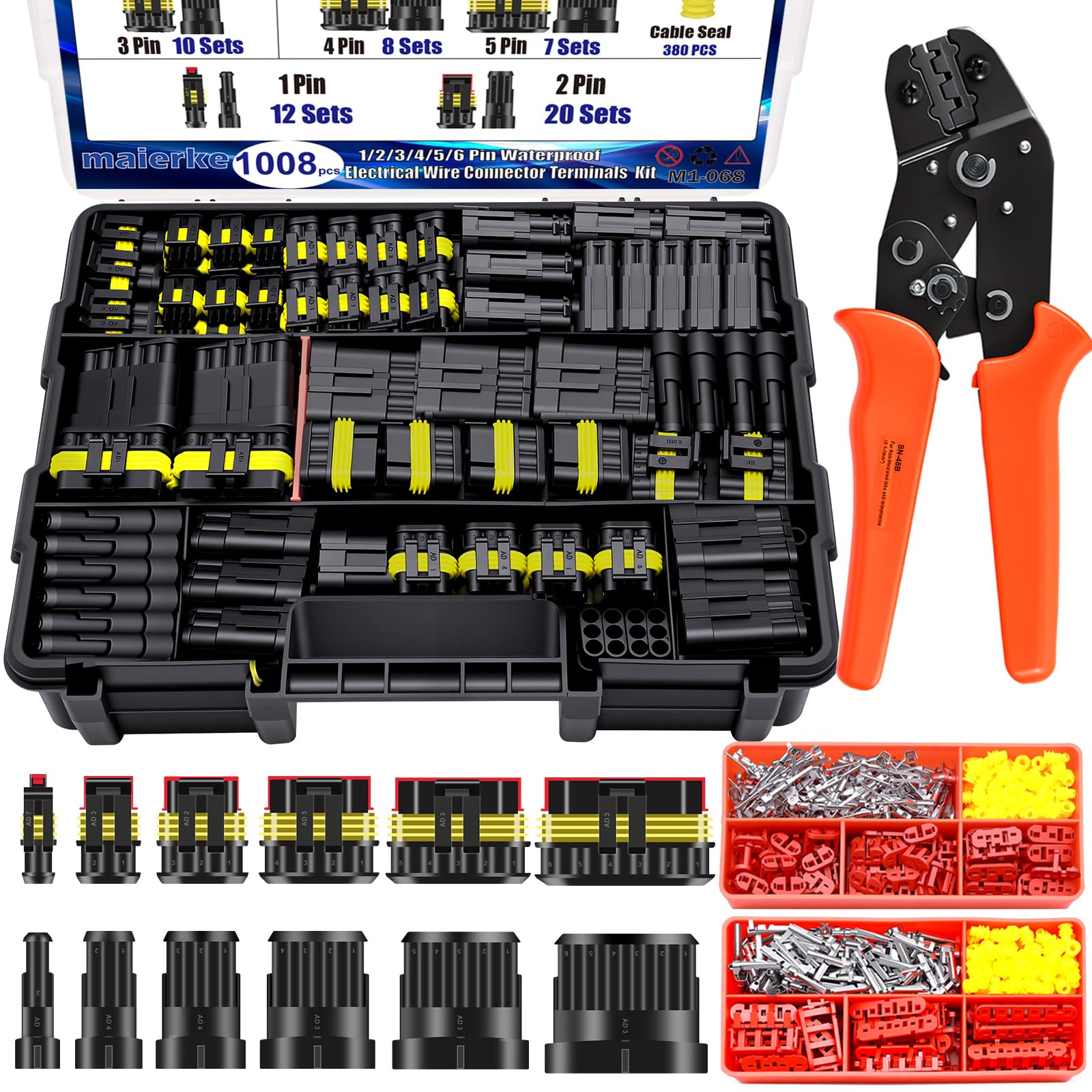 Photo 1 of ***MISSING PARTS*** maierke 1008PCS 63 Sets Waterproof Automotive Electrical Connectors Waterproof Wire Connectors Automotive Replacement Ignition Plug Connectors 1/2/3/4/5/6 Pin with Ratcheting Crimper Pliers