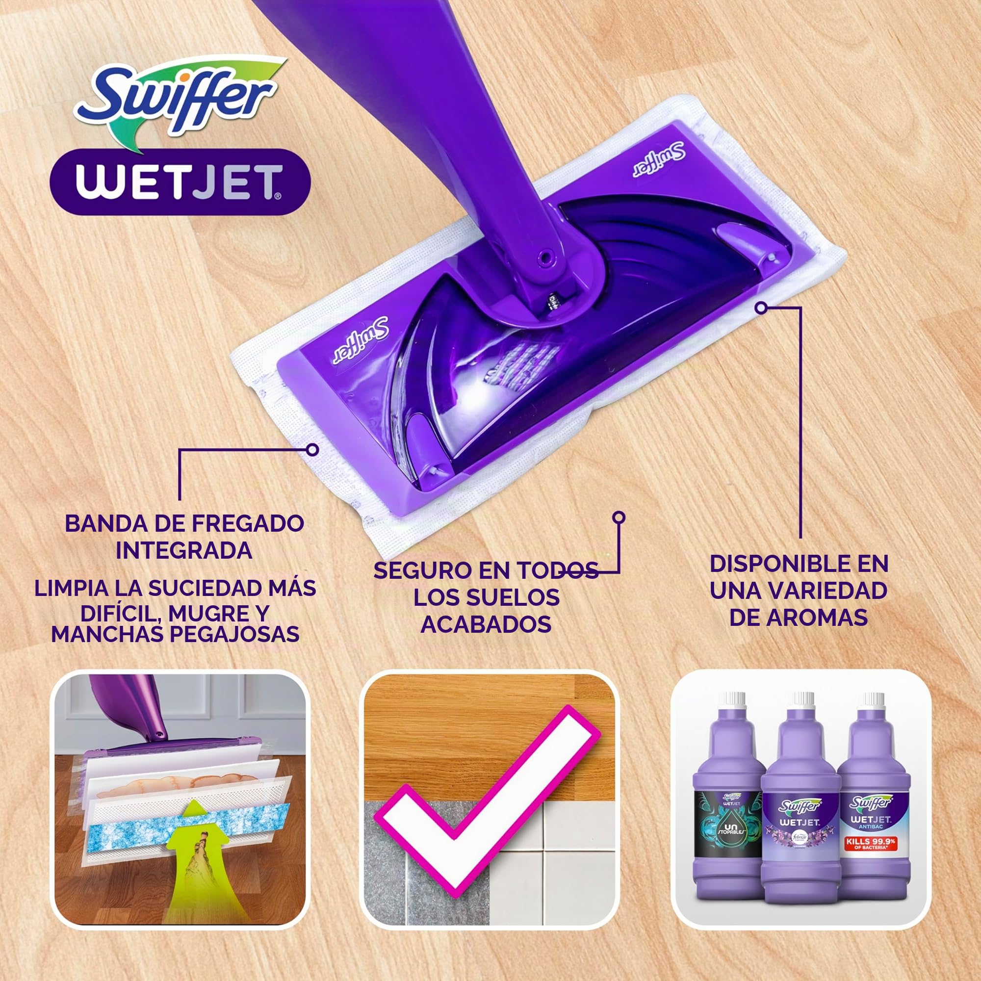Swiffer WetJet - Kit de iniciación de Limpiador de mopa en Aerosol para Madera Dura y Pisos, Incluye: 1 mopa eléctrica, 10 Almohadillas, solución de Limpieza, baterías