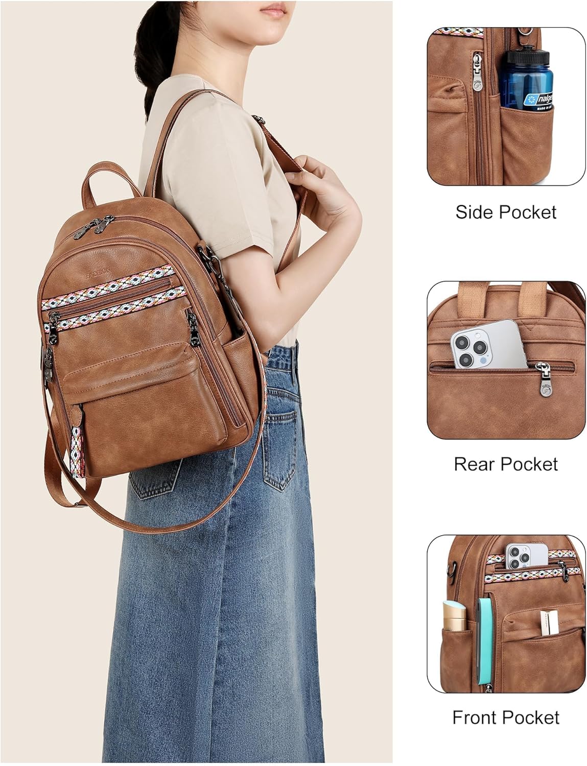 FADEON Small Backpack Purse for Women Designer PU Leather Roomly Mini Backpacks Multi Pocket Fashion Shoulder Backpack - Image 6