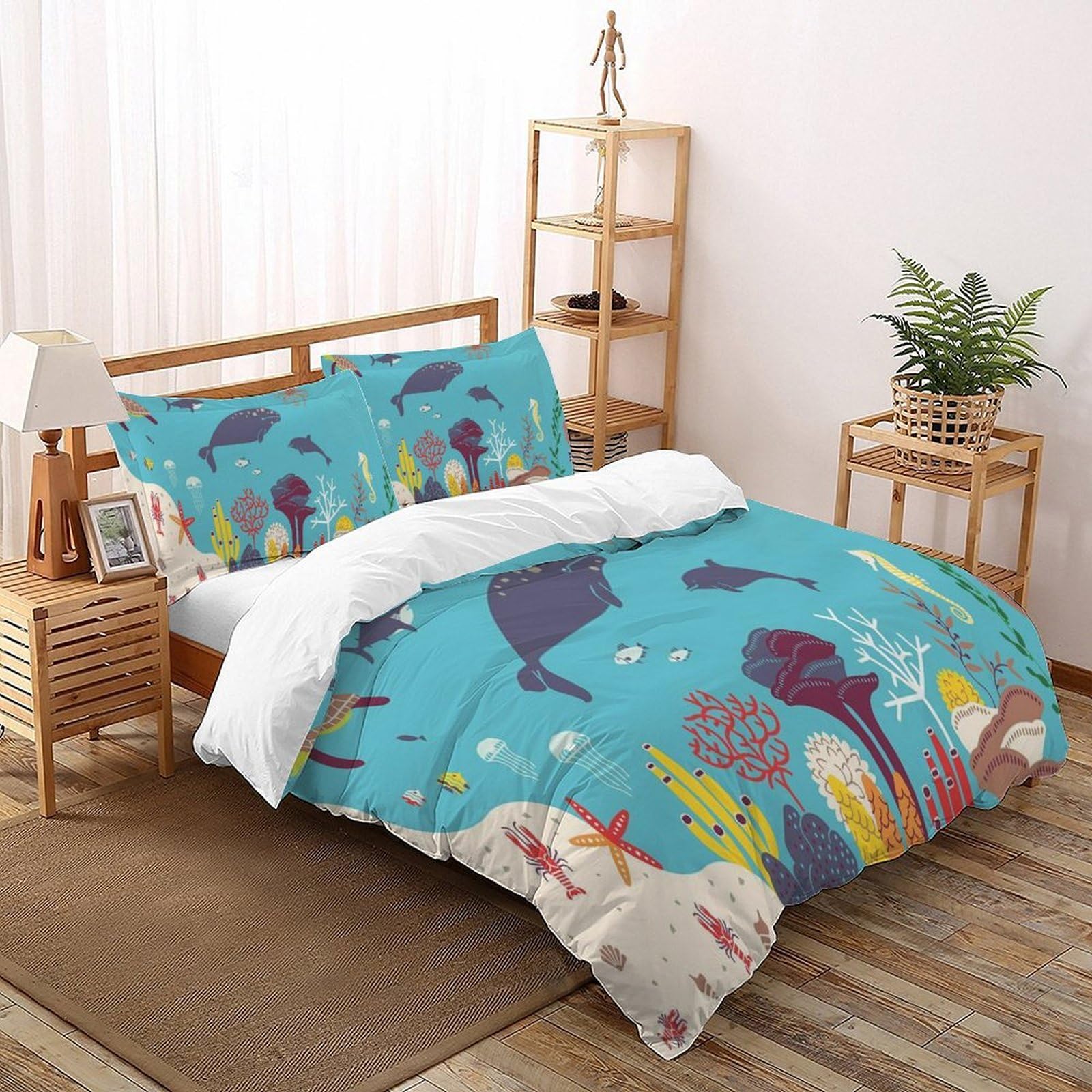Fish Bedding Set Theme Bedspread Animal Theme Duvet Cover Set Microfiber Comforter Cover Suitable for Family,couple,children with Pillow Super King（260x220cm）