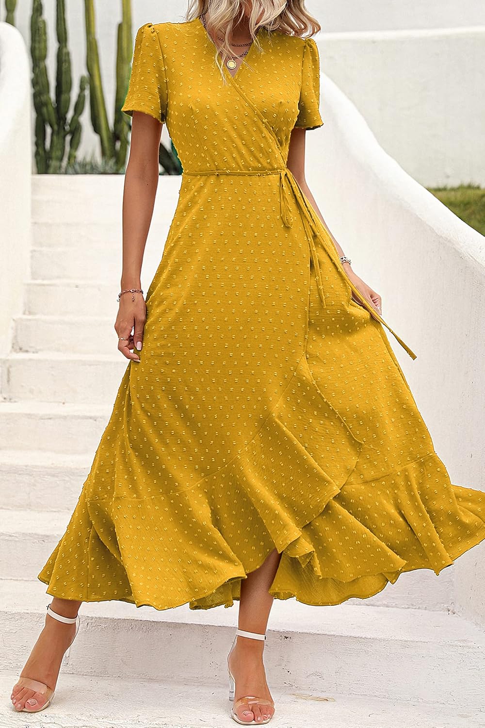 PRETTYGARDEN Women's Boho Floral Maxi Dress Summer Short Sleeve Wrap V Neck Long Flowy Beach Vacation Wedding Guest Dresses thumbnail