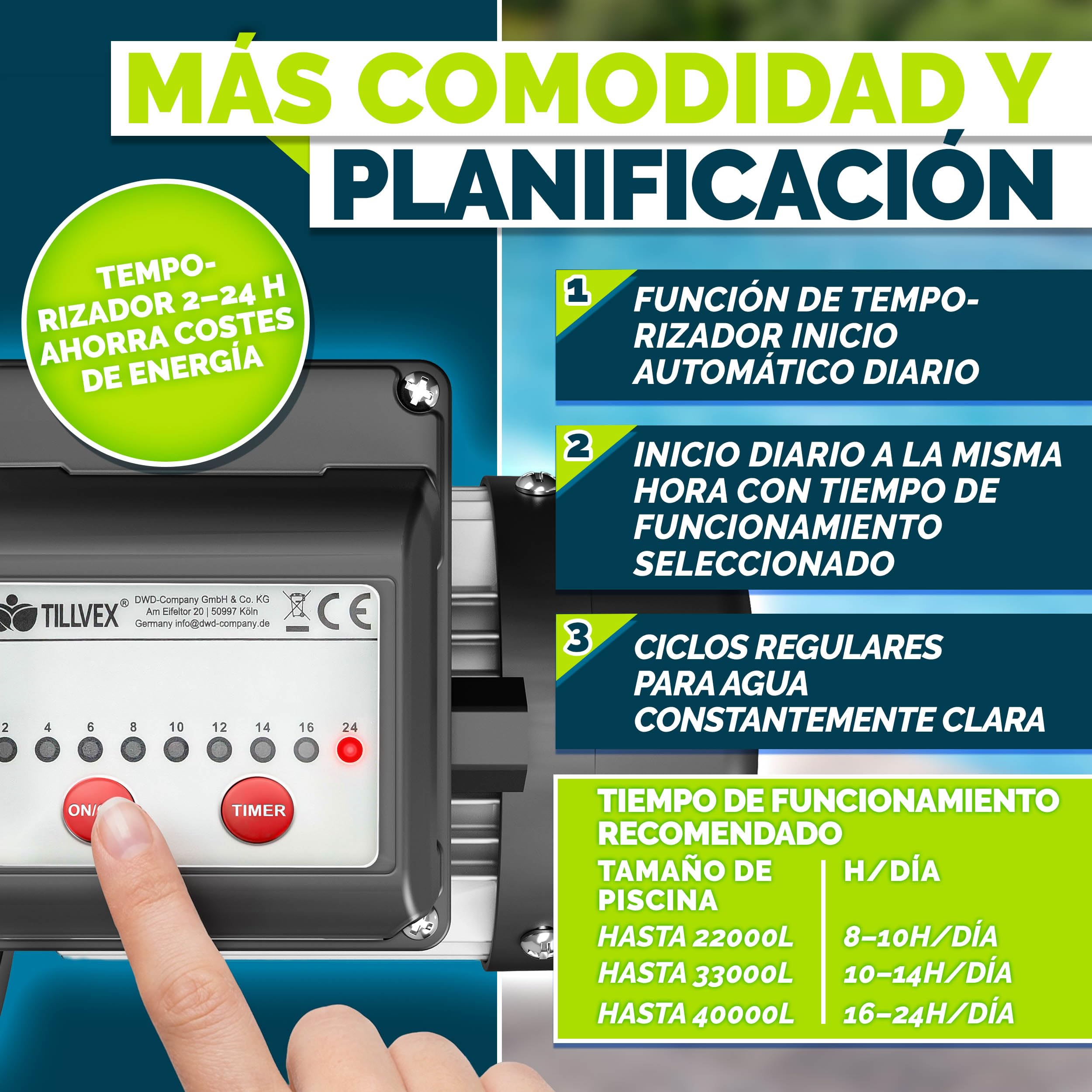 tillvex® Bomba de filtro piscina con temporizador 9 500 L/h & 550 W | Altura de impulsión máx. 10 m | Bomba de circulación para piscinas 40 m³ | Autoaspirante piscina desmontable & spa con prefiltro