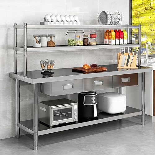 Vista 29 de YITAHOME NSF Mesa de acero inoxidable con repisas, mesa de trabajo de 48 x 24 pulgadas con estante de 48 x 12 pulgadas, mesa de preparación de mesa