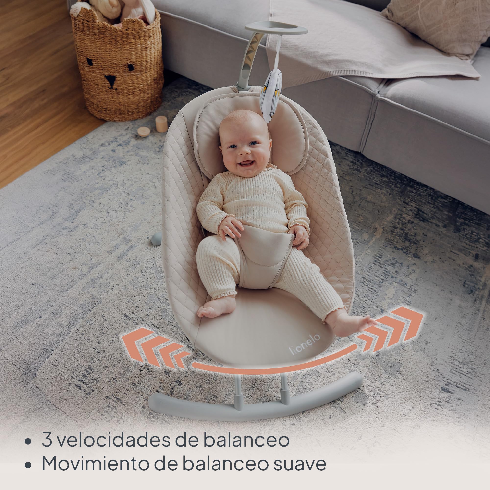 LIONELO Rio - Balancín eléctrico para niños de hasta 9 kg, respaldo ajustable, balancín de 3 velocidades, cinturones de seguridad con cojín, melodías y sonidos de la naturaleza, arco con juguete,