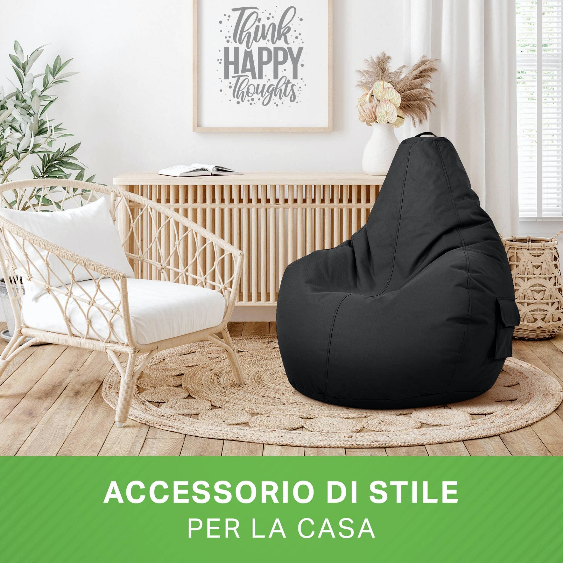 Green Bean© Poltrona a sacco con schienale 80x70x90cm - Sedia Gaming 230 litri di imbottitura accogliente, morbida, e lavabile - Cuscino pavimento Pouf Sgabello Poltrona da gioco Relax Nero