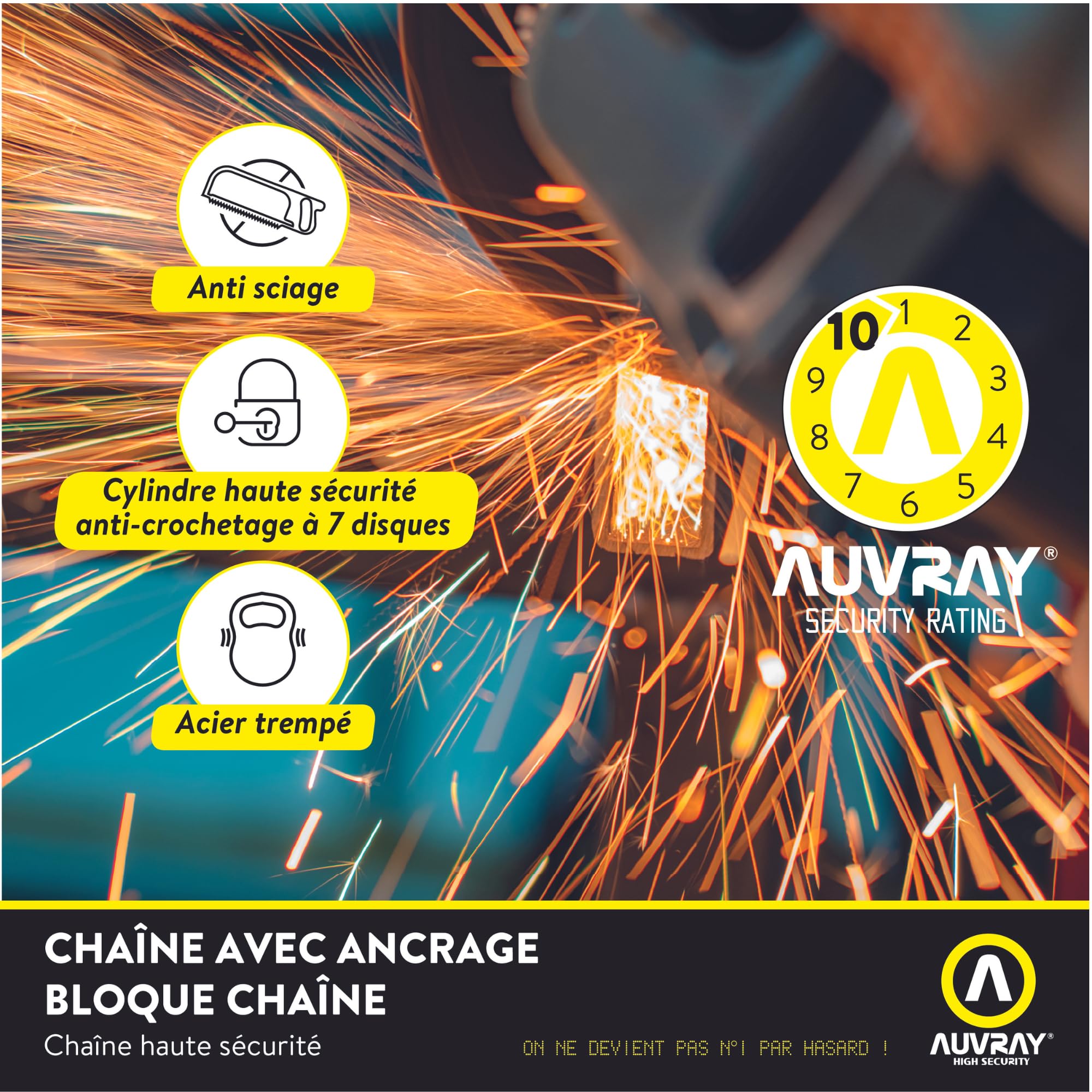 AUVRAY - Ancrage au sol ou mural avec chaine SRA 1M-CHAINE XTREM PROTECT D. 13,5 L. 100-Protection maximale-Bloc de Condamnation-Double Verrouillage-Cylindre Haute Sécurité-Anti-Crochetage Anti-Sciage
