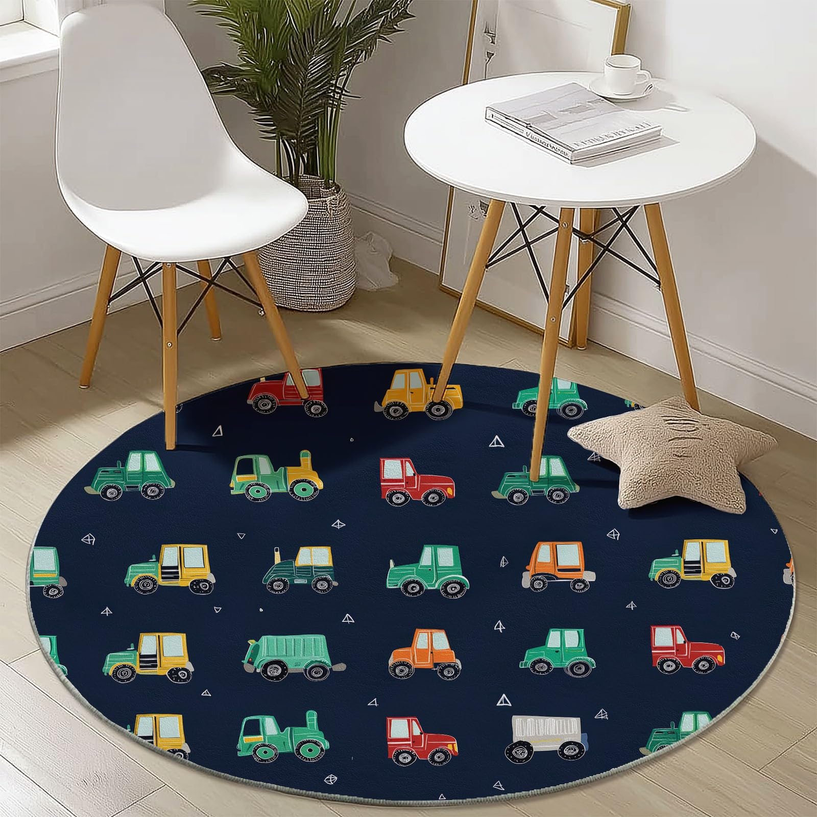 Tappeto rotondo lavabile in lavatrice Modello Di Veicolo Da Costruzione, Stile Carino Tappetino antiscivolo assorbente per camera da letto, soggiorno, cameretta bambini, interno 150 cm, Blu Scuro