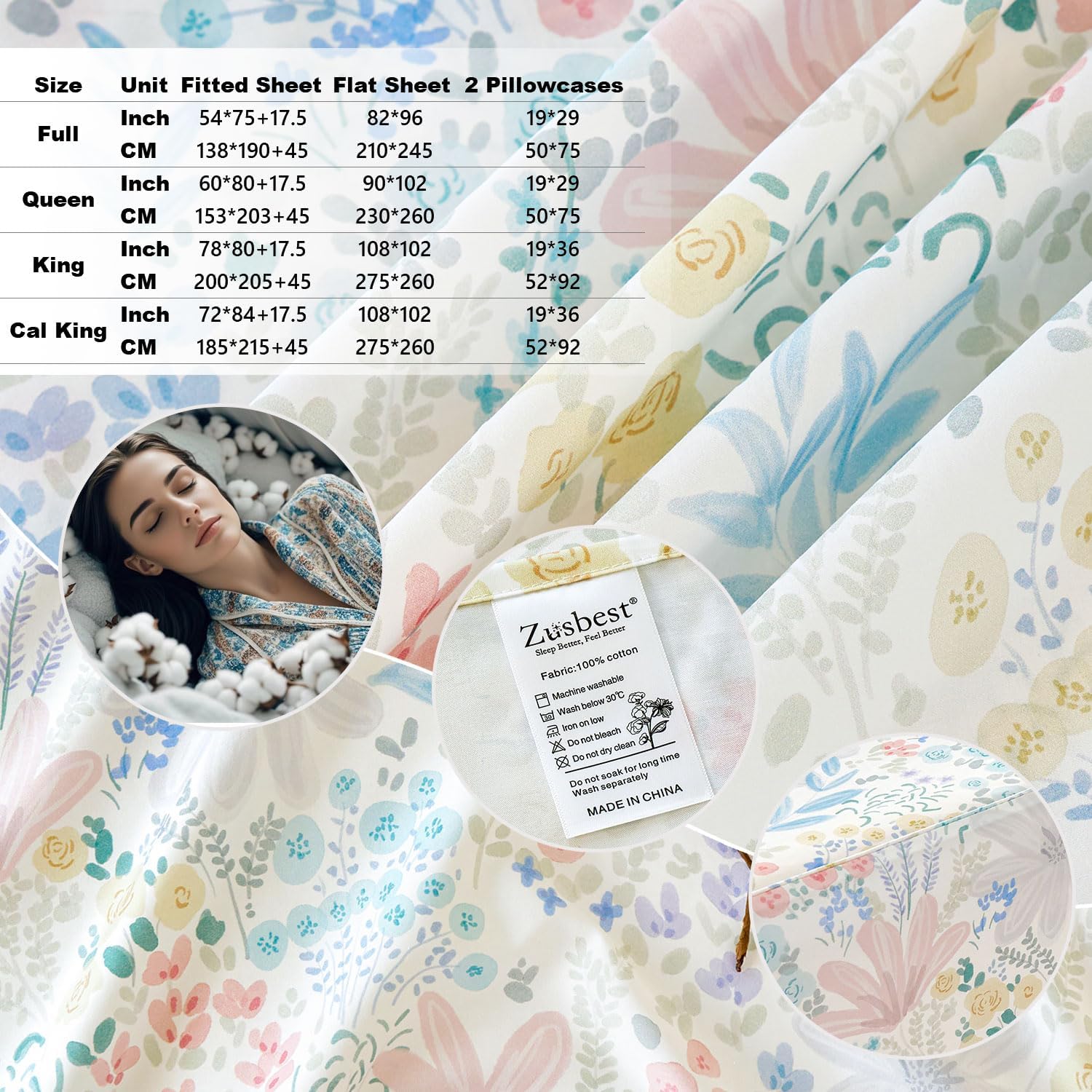 Zusbest Floral Sheets Queen Size 100% Cotton Satin Weave Light Pink Watercolor Bed Sheet Set, Soft Cooling for Hot Sleepers, Cottagecore & Romantic Botanical Pattern Cute Bedding Deep Pocket 17.5‘’