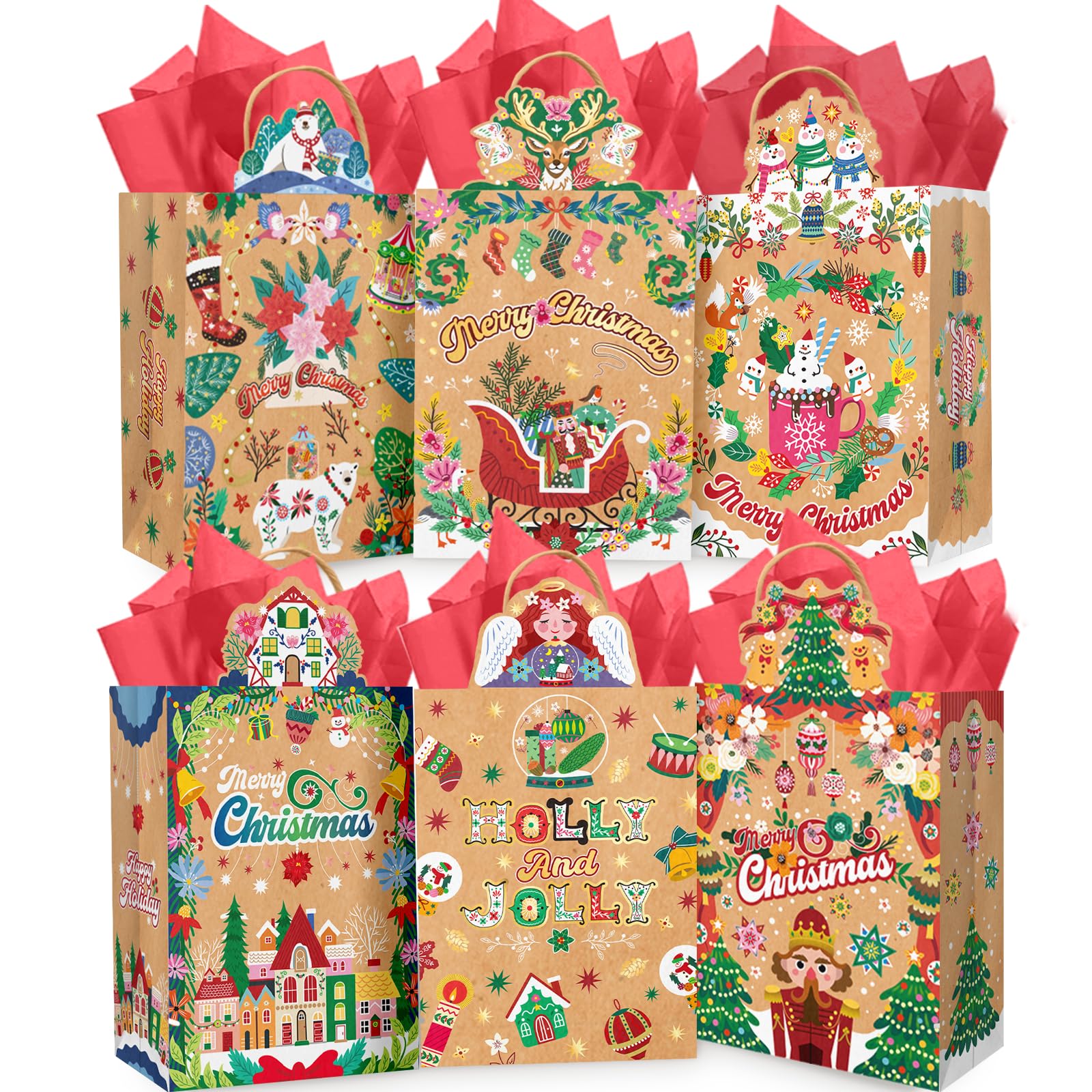 Gcardist Irregular-Shaped Christmas Paper Gift Bags with Handles Small Size, 12Pcs Decorated Angel Xmas Paper Bag (Small-6.1''×9.8''×3.1'', Tissue Paper included) — image 1
