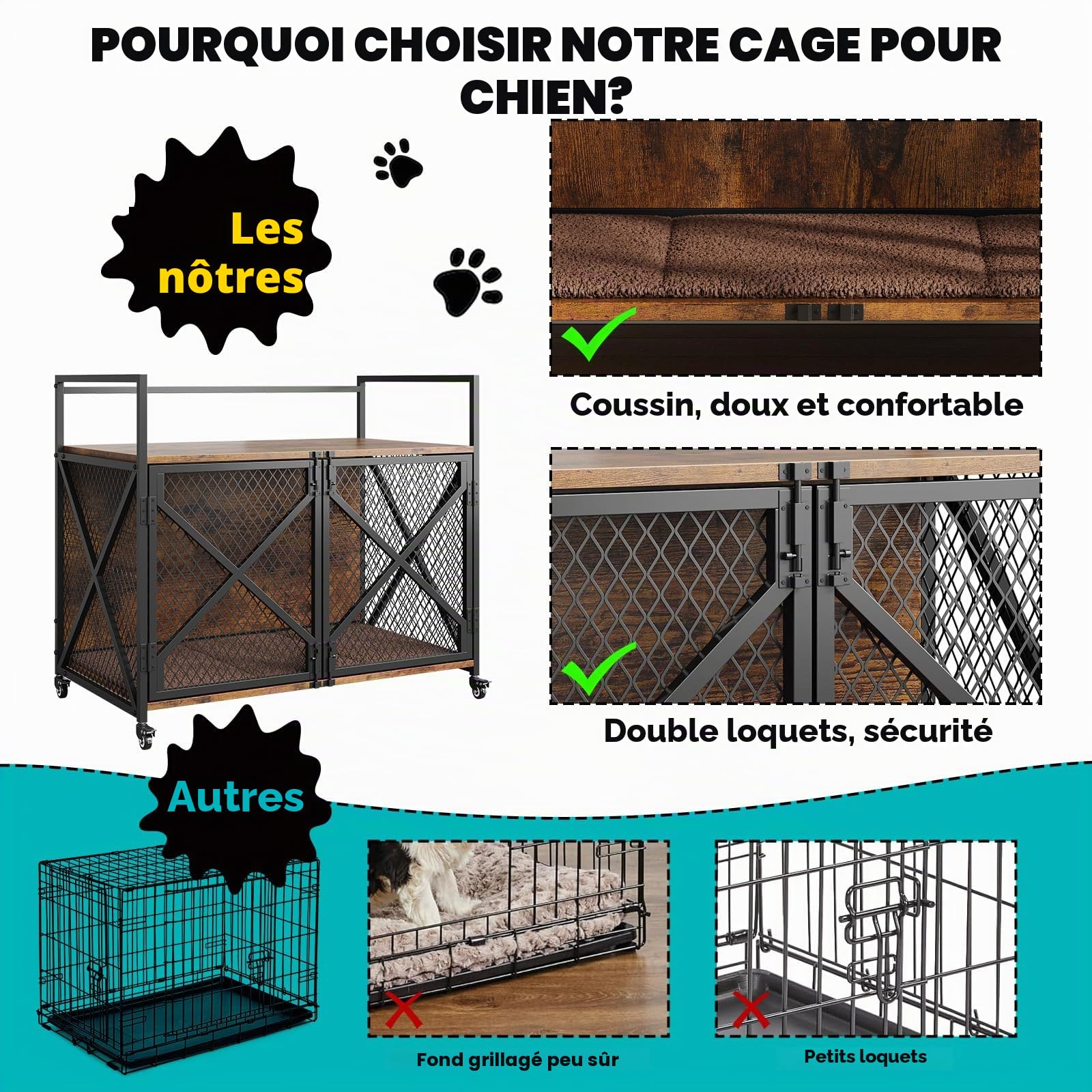 Cage pour chien, meuble en métal et bois, maison pour chien, 2 portes, espace de rangement généreux sur le dessus, niche moderne pour chiens de petite, moyenne et grande taille, 52 x 79 x 73 cm