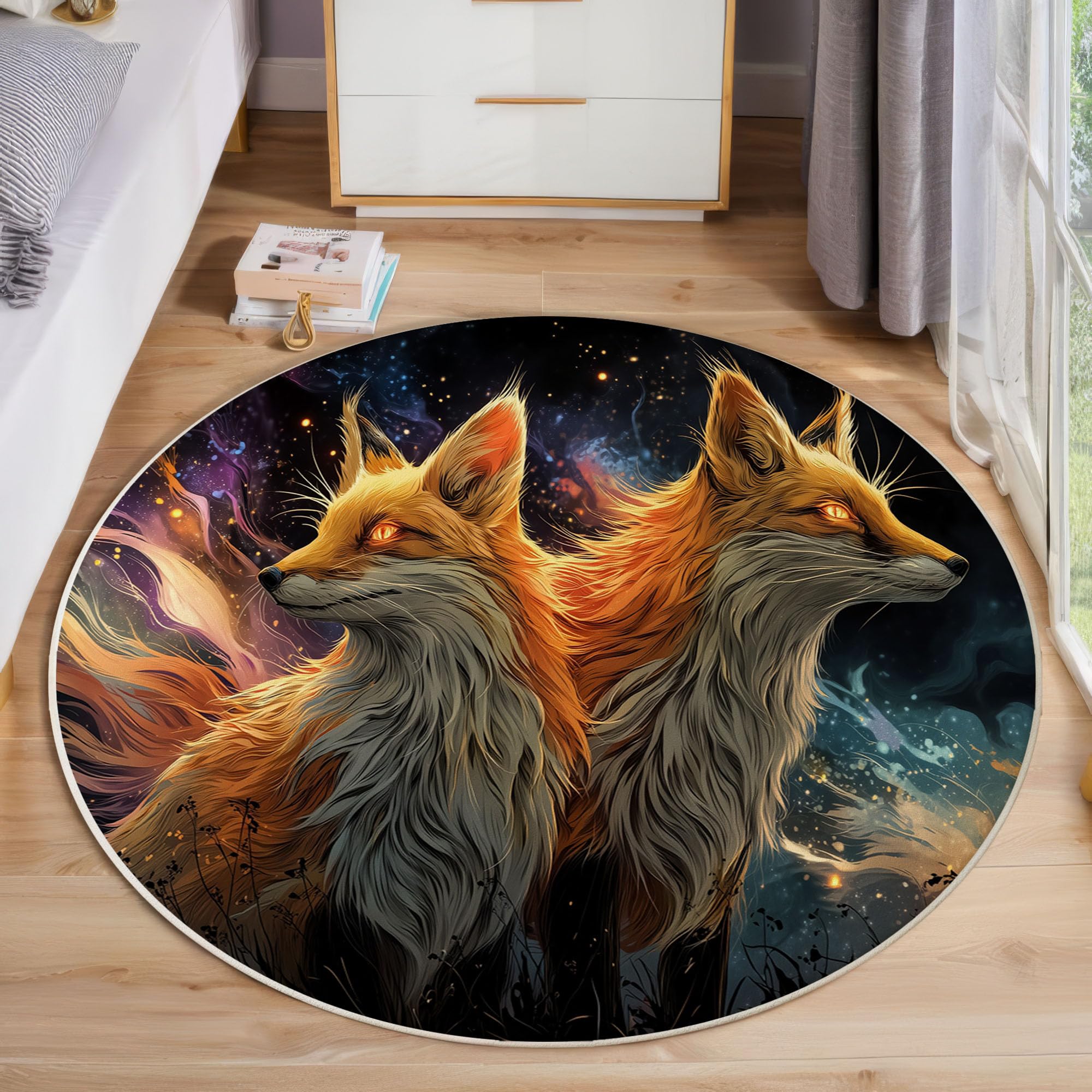 Tapis renard lavable pour chambre enfant grand tapis rond antidérapant 200cm