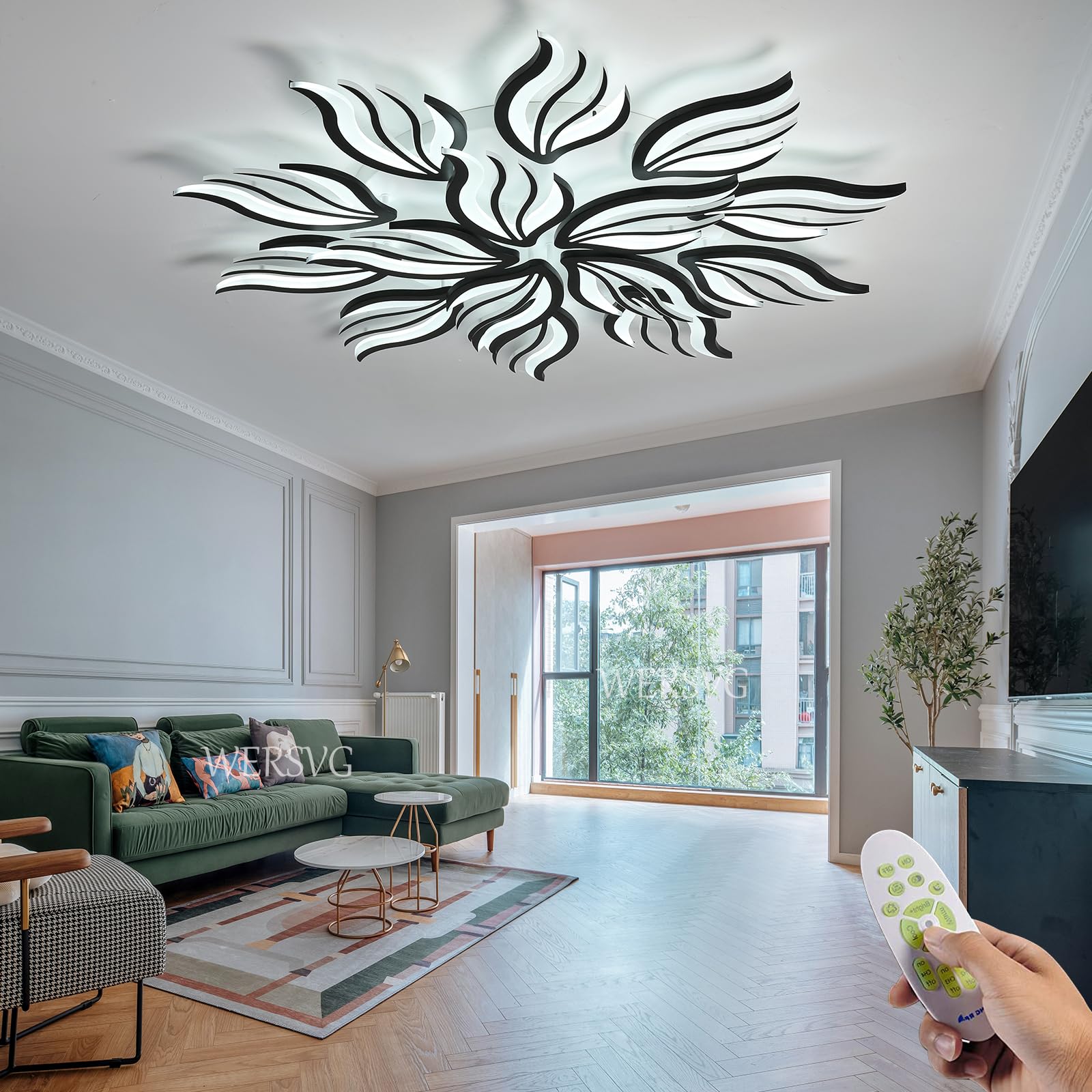 Nowoczesna lampa sufitowa LED Kreatywna czarna 15-płomienna lampa sufitowa Ściemnialna 3500K-6500K Z pilotem, Do salonu Sypialnia Kuchnia Jadalnia Lampa do przedpokoju Ø115cm, 145W