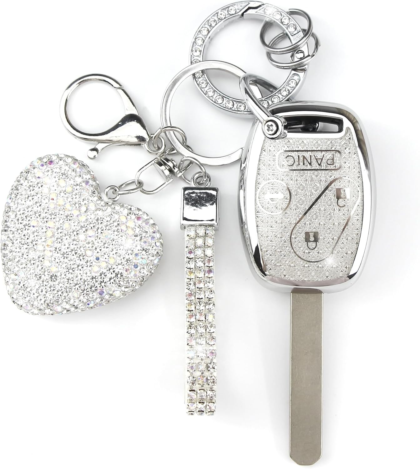 Key Fob Cover with Diamond Keychain Car Key Holder Case Compatible with Honda 2003-2015 Accord Crosstour CR-V Civic Element Pilot Protector for Women 4 Buttons, (Silver-Heart)