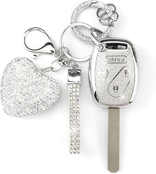 Key Fob Cover with Diamond Keychain Car Key Holder Case Compatible with Honda 2003-2015 Accord Crosstour CR-V Civic Element Pilot Protector for Women 4 Buttons, Silver-Heart