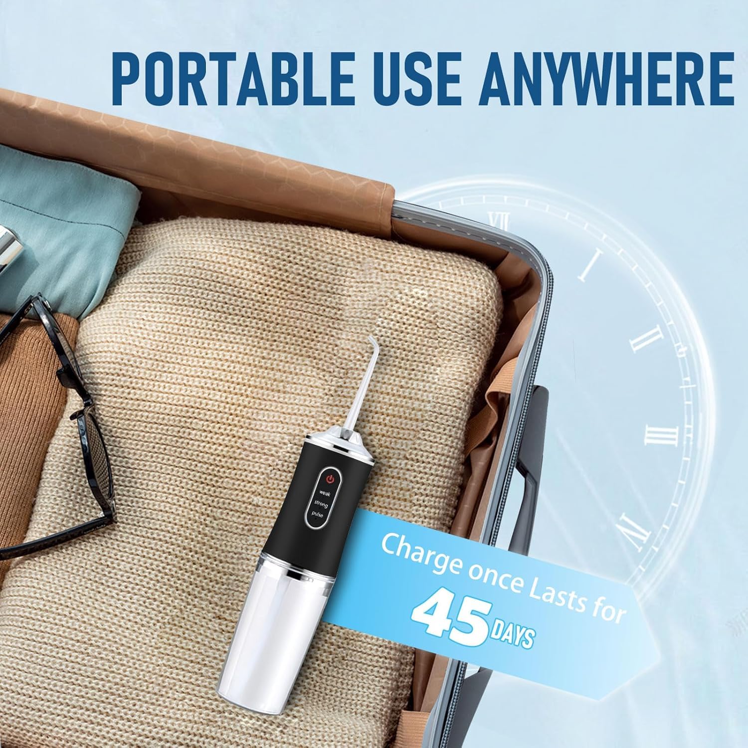 Irrigador dental de agua, portátil, inalámbrico, recargable, limpiador de riego de viaje, 3 modos, 4 chorros, IPX7, impermeable, eléctrico (negro)