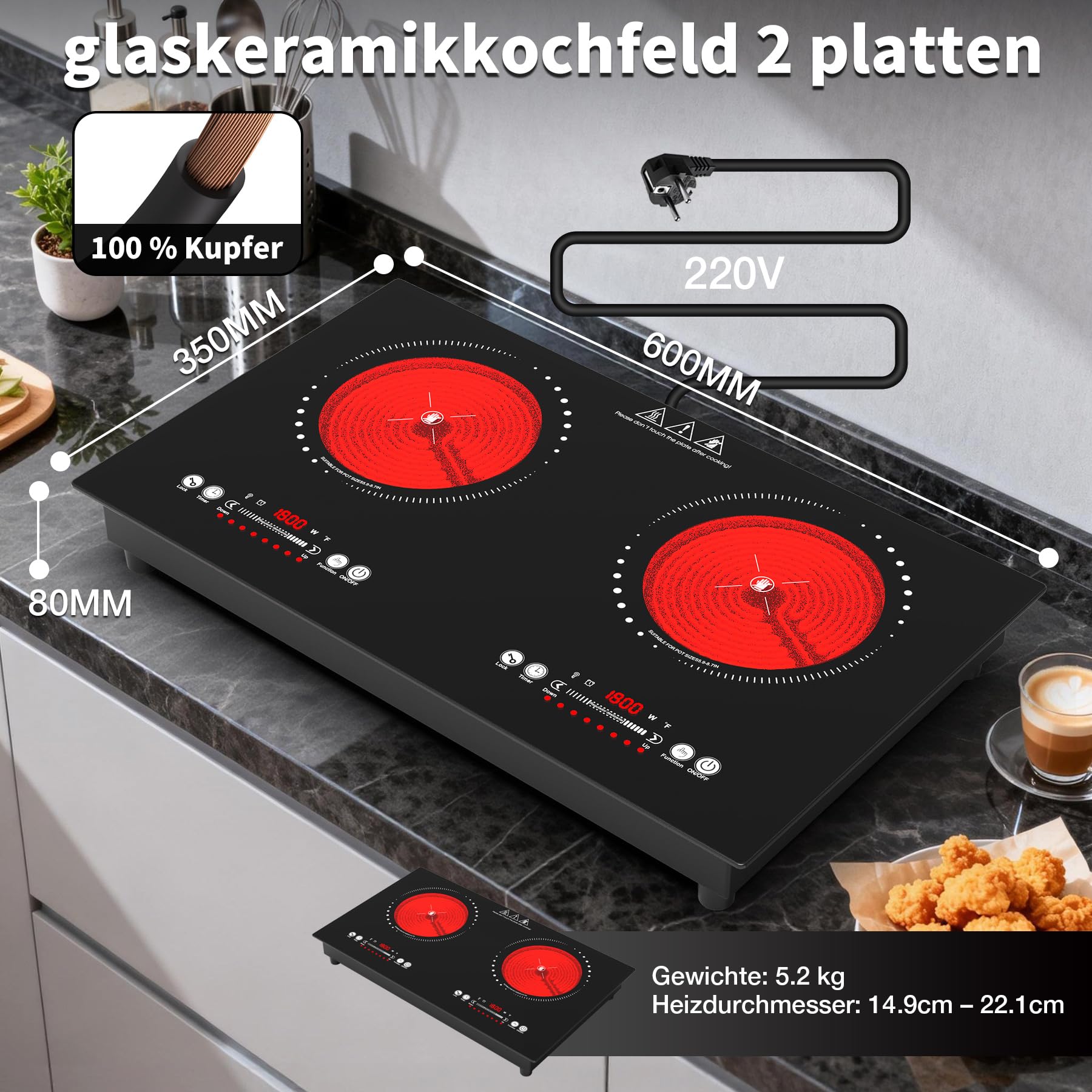 VBGK Keramikkochfeld, 220V, 3600W, Keramikkochfeld mit LED-Touch-Steuerung, 9 Leistungsstufen, Kindersicherung und 4-Stunden-Timer, Überhitzungsschutz kochfelder, Glaskeramikkochfeld 2 Platten