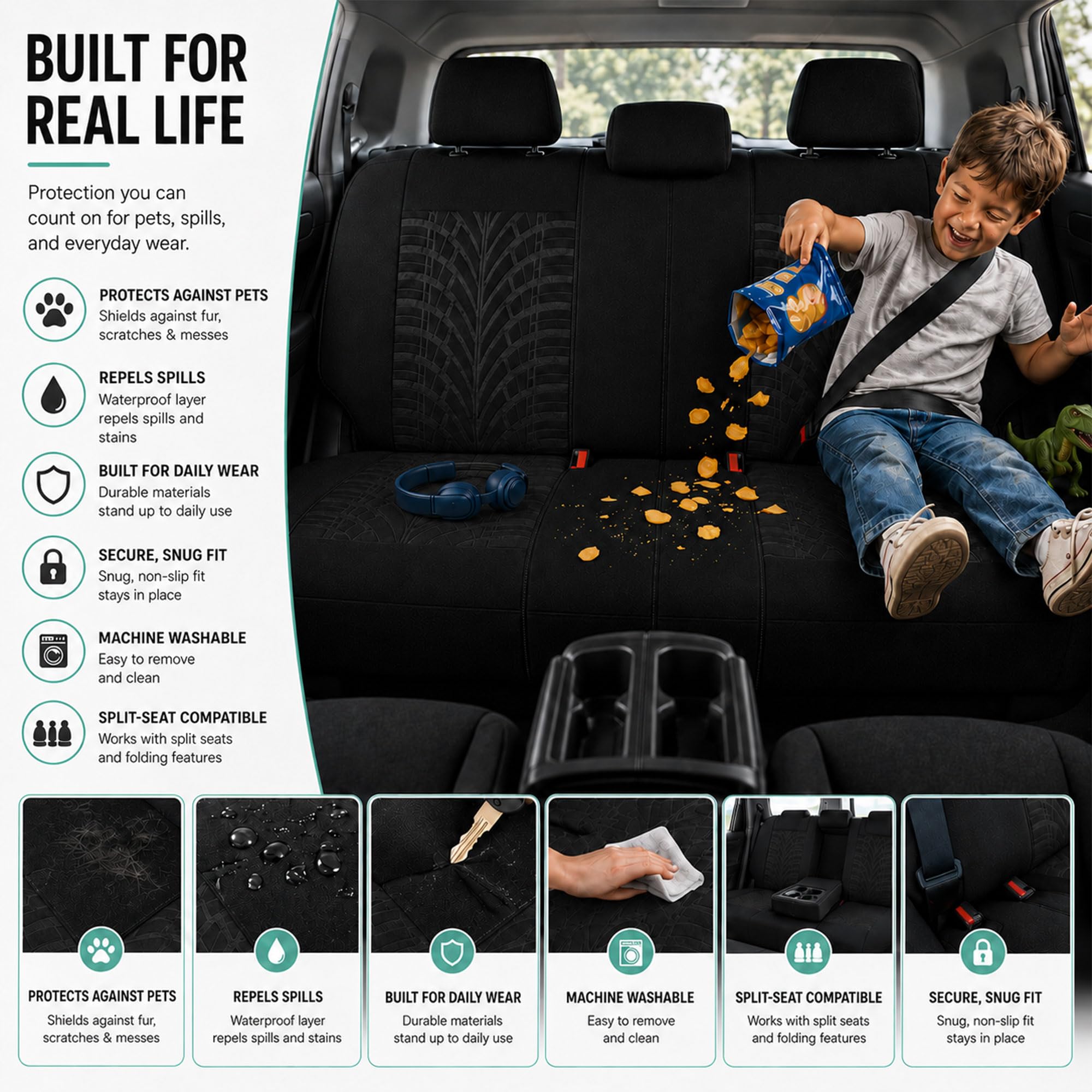 FH GROUP Set completo di coprisedili per auto, in tessuto di alta qualità, universali, coprisedili anteriori con schienale basso, compatibili con airbag, sedile posteriore diviso, lavabile, per SUV,