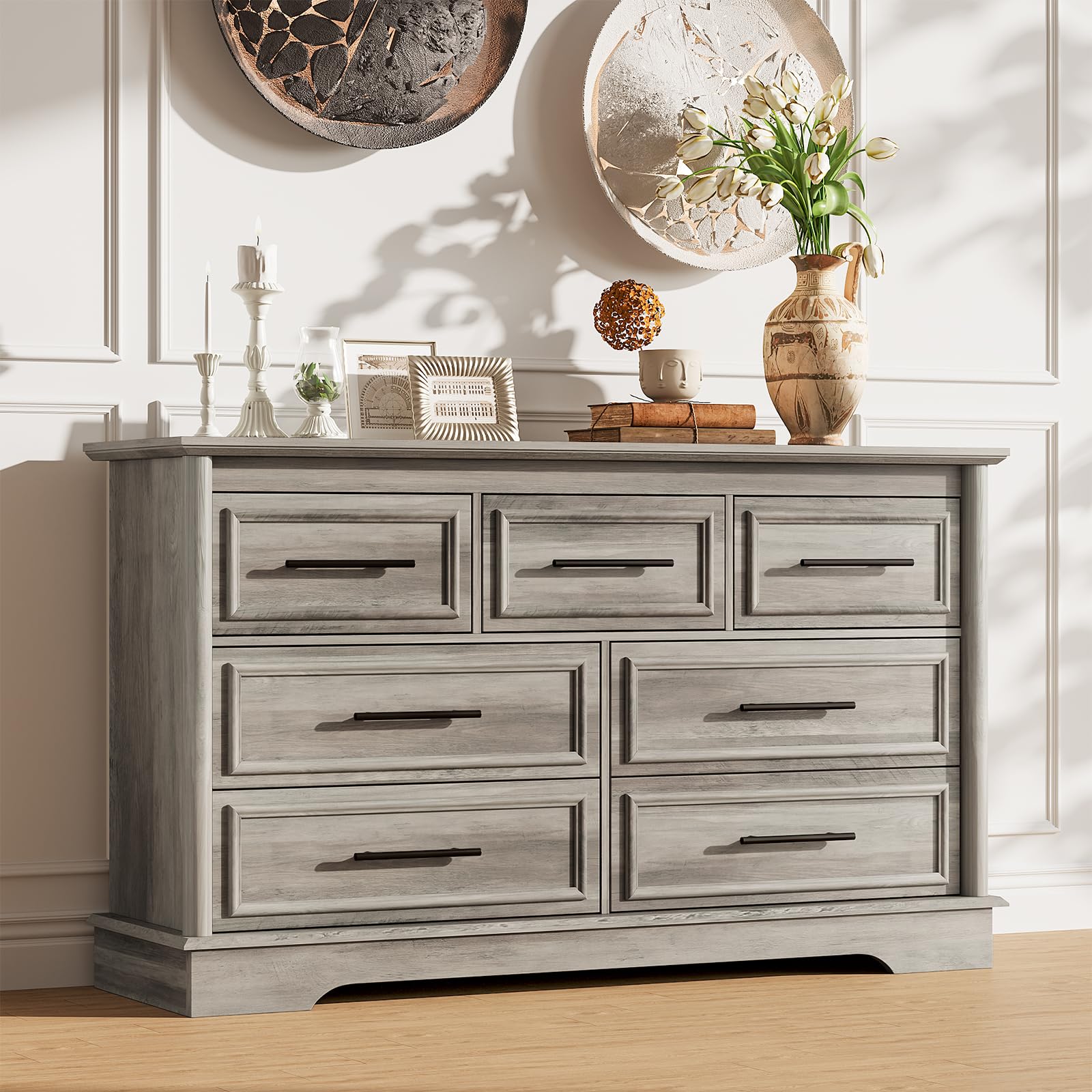 7 drawers dresser for bedroom, 54" wide chest of drawers with smooth gliding drawers, gray wood dresser, sturdy storage dressers organizer with metal handles, for home office, nursery, farmhouse