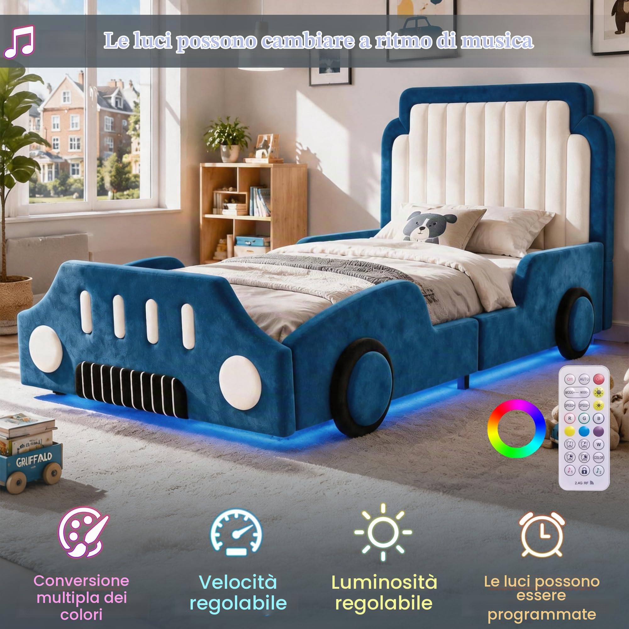 Lettino per bambini, 90 x 200 cm, letto singolo imbottito, design a forma di auto, con ringhiera di protezione, con LED, velluto (blu, 90 x 200 cm)