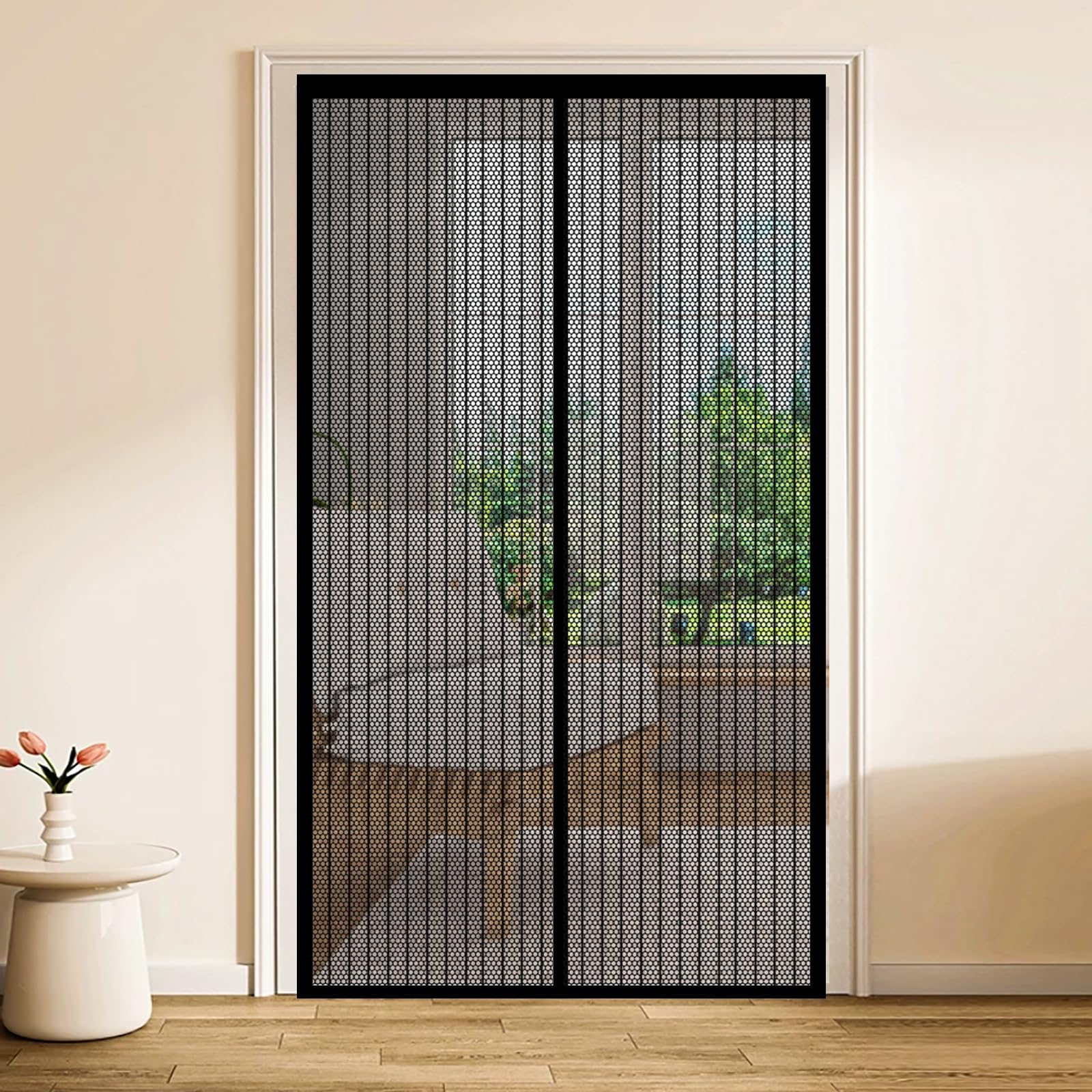 Honqgao Black Magnetic Fly Screen Door 114 X 190 Cm Powerful Magnets And Full Frame Magic Tape Insect Protection Door No Drill Installation For Patio French Bedroom, Balcony,