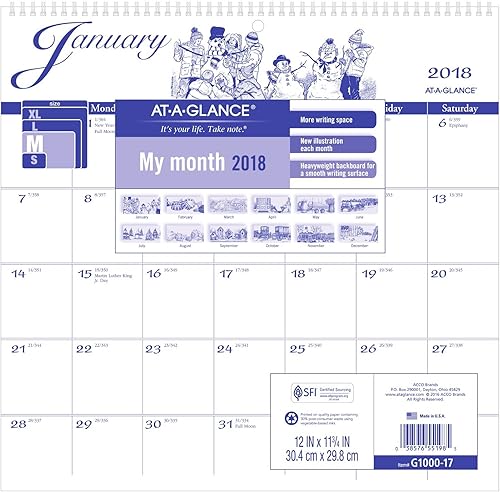 At-A-GlanceCalendario mensual Calendario de pared, enero de 2018de diciembre de 2018, 12" X 1134," Illustrator De Edition (g100017)