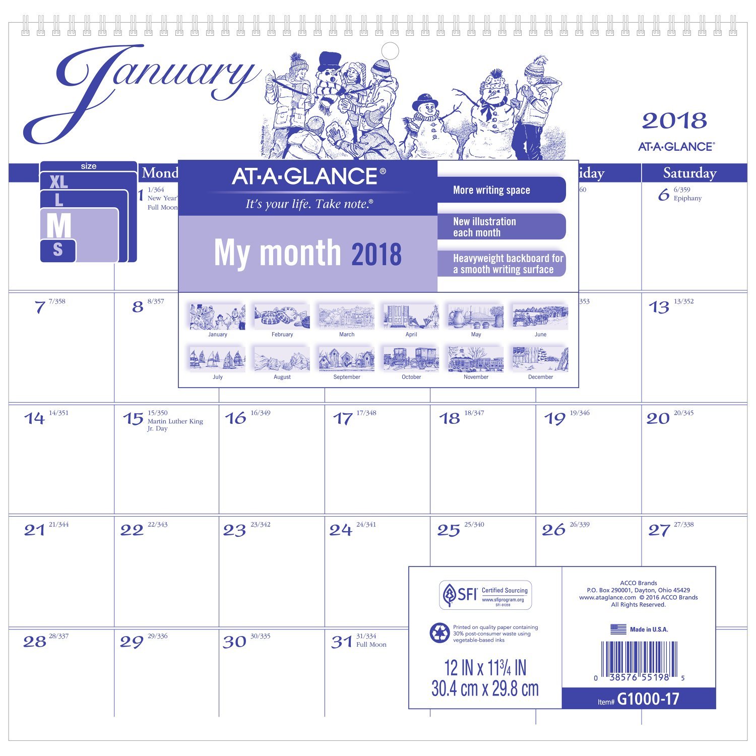 AT-A-GLANCE calendario de pared mensual, enero de 2018 – de diciembre de 2018, 12 "X 11 – 3/4, edición de la" Illustrator (g100017)