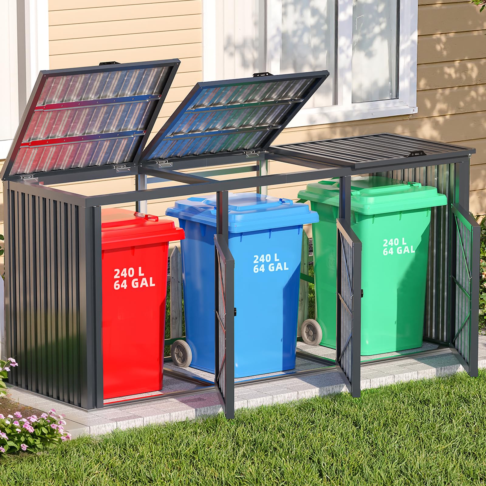 AECOJOY Outdoor Trash Can Storage Shed for 3 Garbage Cans, 73 Cu.Ft Outside Garbage Can Storage Sheds &amp; Outdoor Storage Clearance, Dark Grey Outdoor Horizontal Storage Cabinet Waterproof