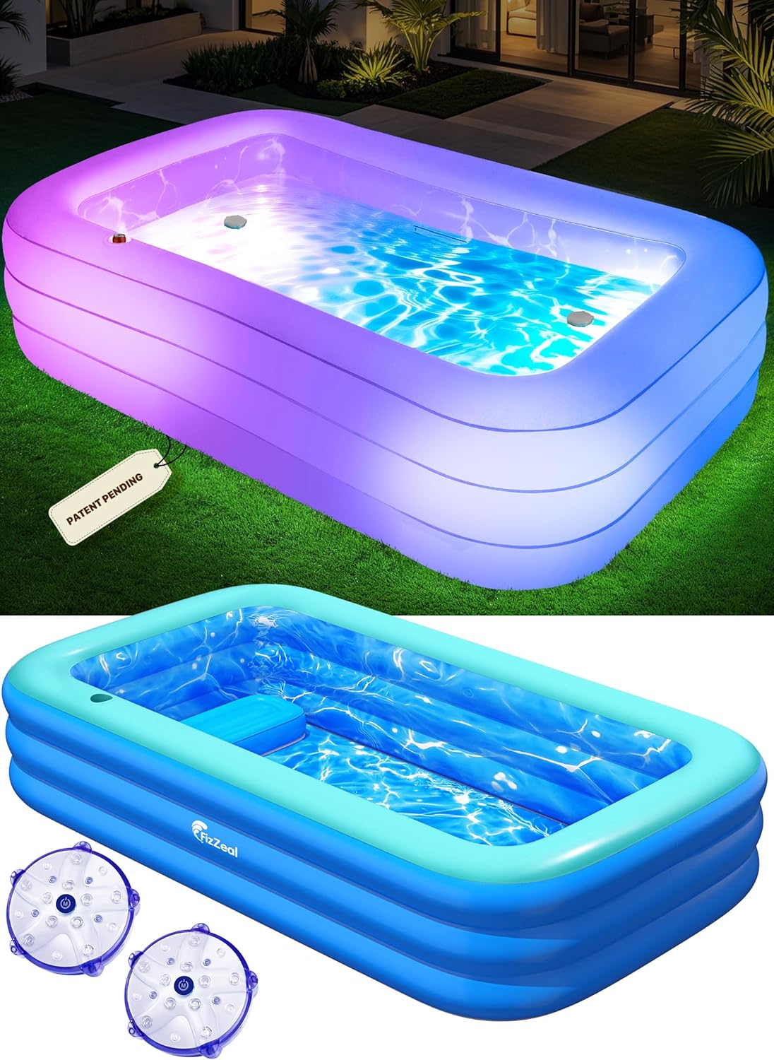 Inflatable Pool with Seat and Pool Lights, Durable Thickened Large Size Family Inflatable Pools for Adults Blow Up Pools,Swimming Inflatable PooI for Backyard,Outdoor (Blue)