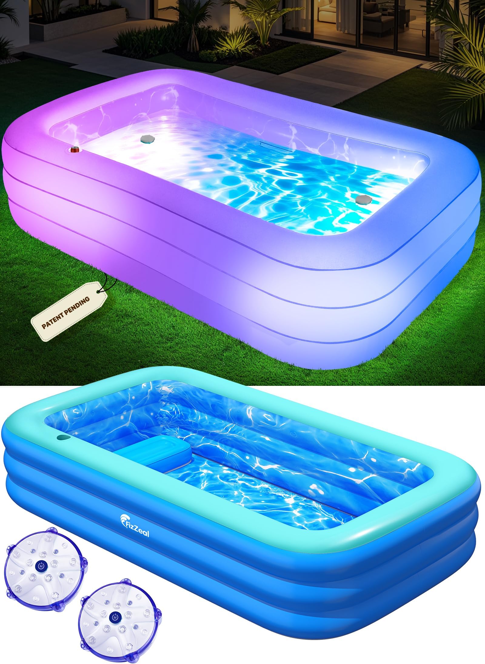 Inflatable Pool with Seat and Pool Lights, Durable Thickened Large Size Family Inflatable Pools for Adults Blow Up Pools,Swimming Inflatable PooI for Backyard,Outdoor (Blue)