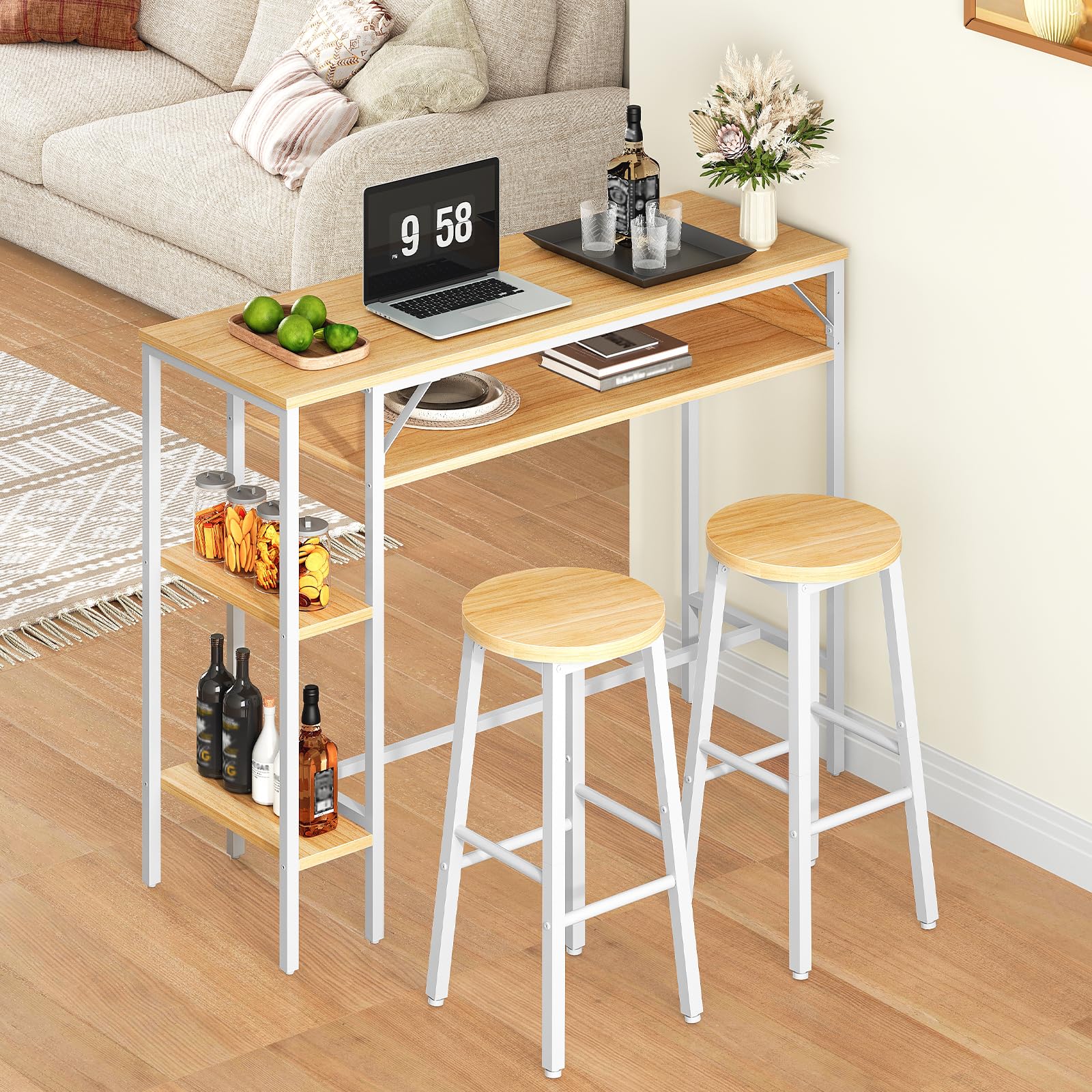 HOOBRO Juego de Mesa y Taburetes de Bar, Mesa Alta para Bar con Estantería de 3 Niveles y 2 Taburetes Redondos, para Cocina, Sala de Estar, Comedor, Blanco y Natural EWN07BT01
