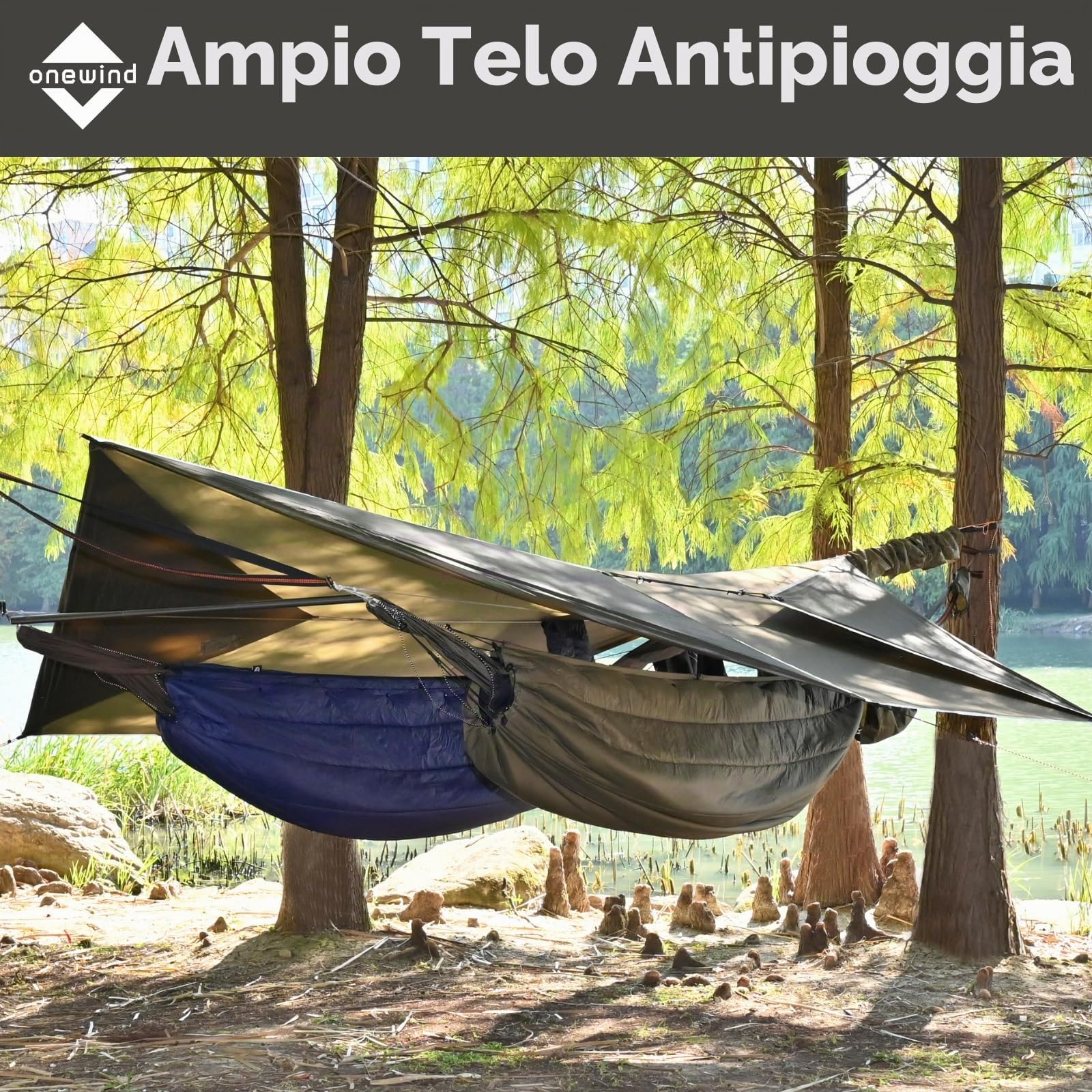 onewind Telone per amaca, impermeabile, ultraleggero, grande copertura con porte, portatile, per bushcraft invernale, tenda, tutti gli accessori inclusi (verde oliva1, 365 x 295 cm)