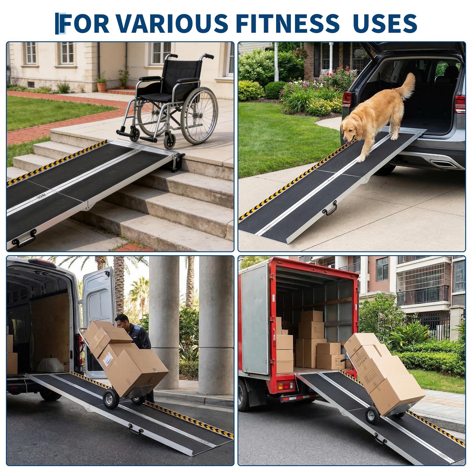 Rampa de aluminio para silla de ruedas con superficie de papel de lija, 2 bisagras de acero inoxidable, mango y tiras de goma, rampa de movilidad plegable portátil, rampa de umbral antideslizante
