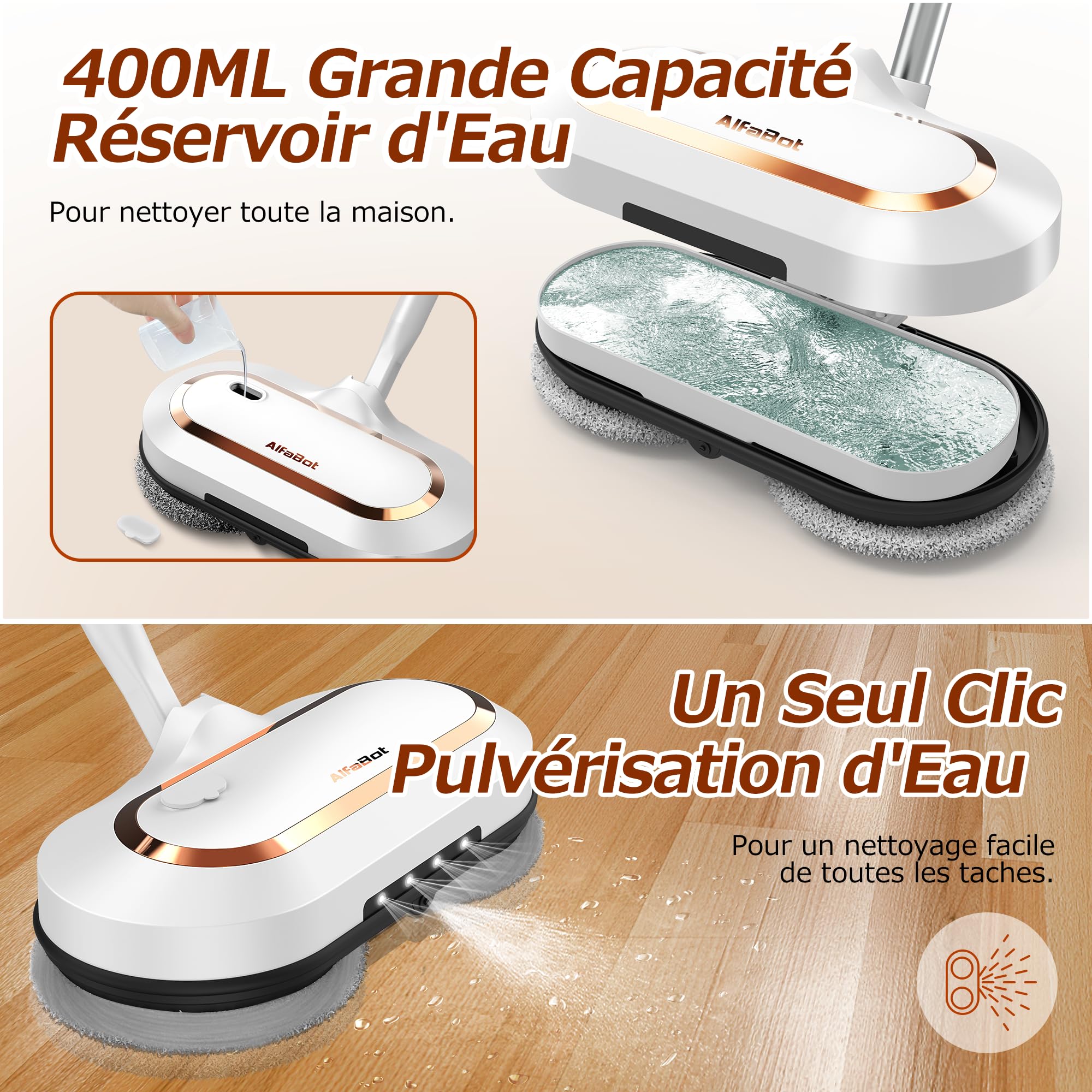 AlfaBot S2 Balai Électrique Sans Fil | Grand Réservoir 400mL | Autonomie 60 Min | Nettoyeur de Sol avec LED et Pulvérisateur | Pour Parquet & Carrelage | Balai Rotatif Léger 1,7kg