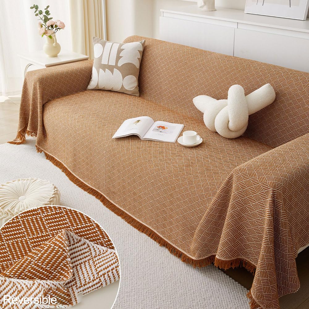 Highdi Sofa Throws Large, Extra Large Throws for Settees, Nordic Style Versatile Woven Soft Throw Blanket with Tassels for Settees Couch Armchair Sofa Bed (180x380cm,Caramel Color) — image 1