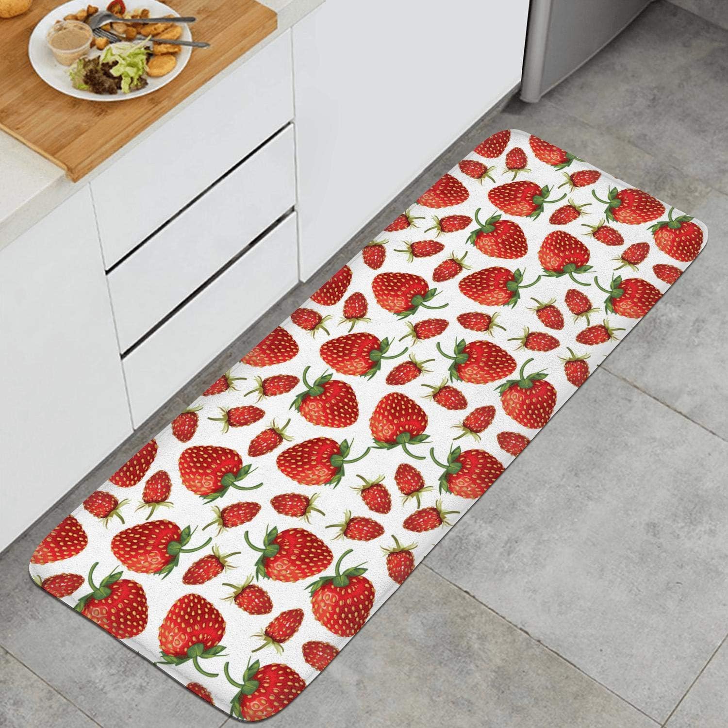 Strawberry Plants Strawberries Fruit White Kitchen Mat Comfort Standing Mat Non-Slip Kitchen Rug